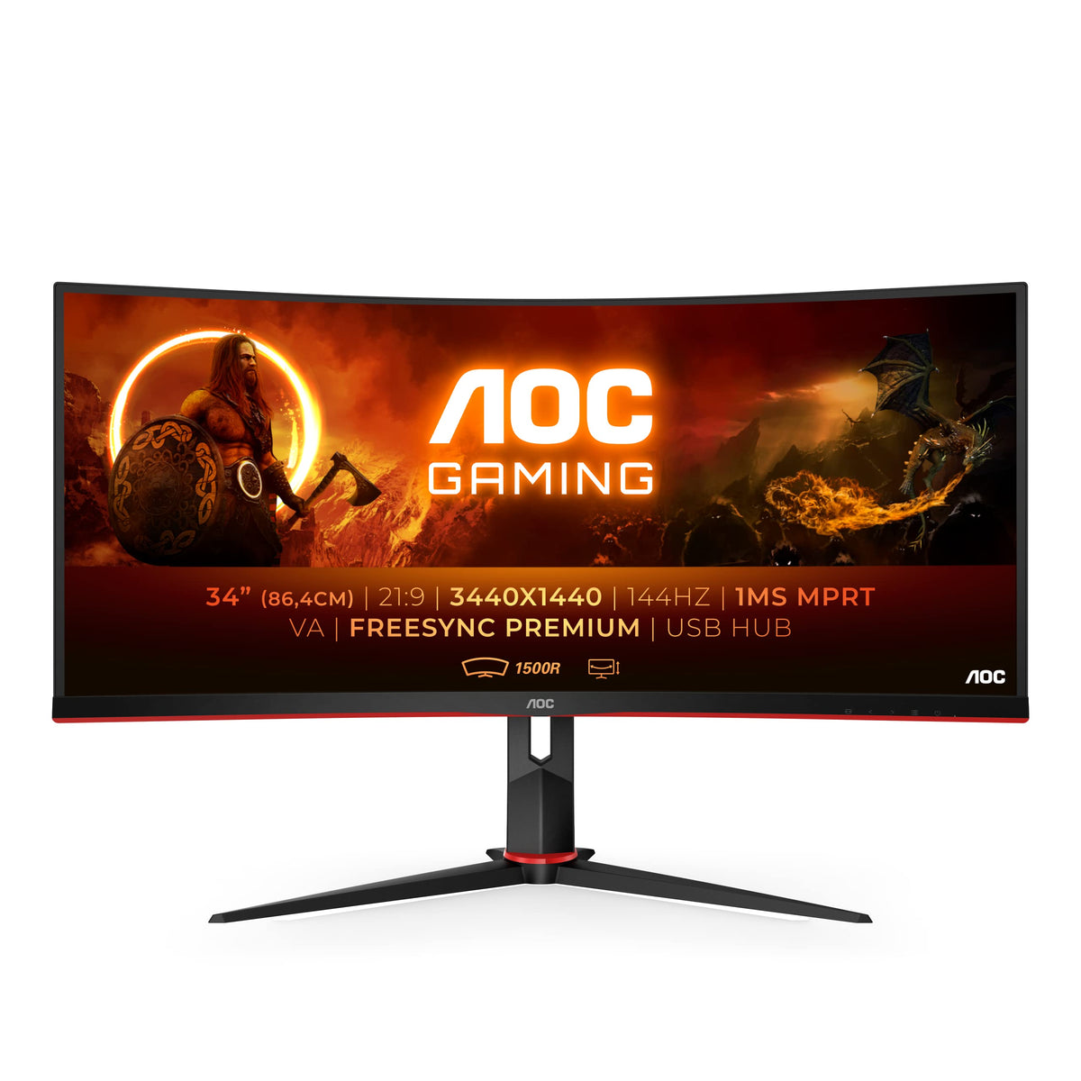 AOC Gaming CU34G2X - Monitor curbat WQHD de 34 inch, 144 Hz, 1ms, FreeSync Premium (3440x1440, HDMI, DisplayPort, USB Hub) negru/roșu - CU34G2X/BK