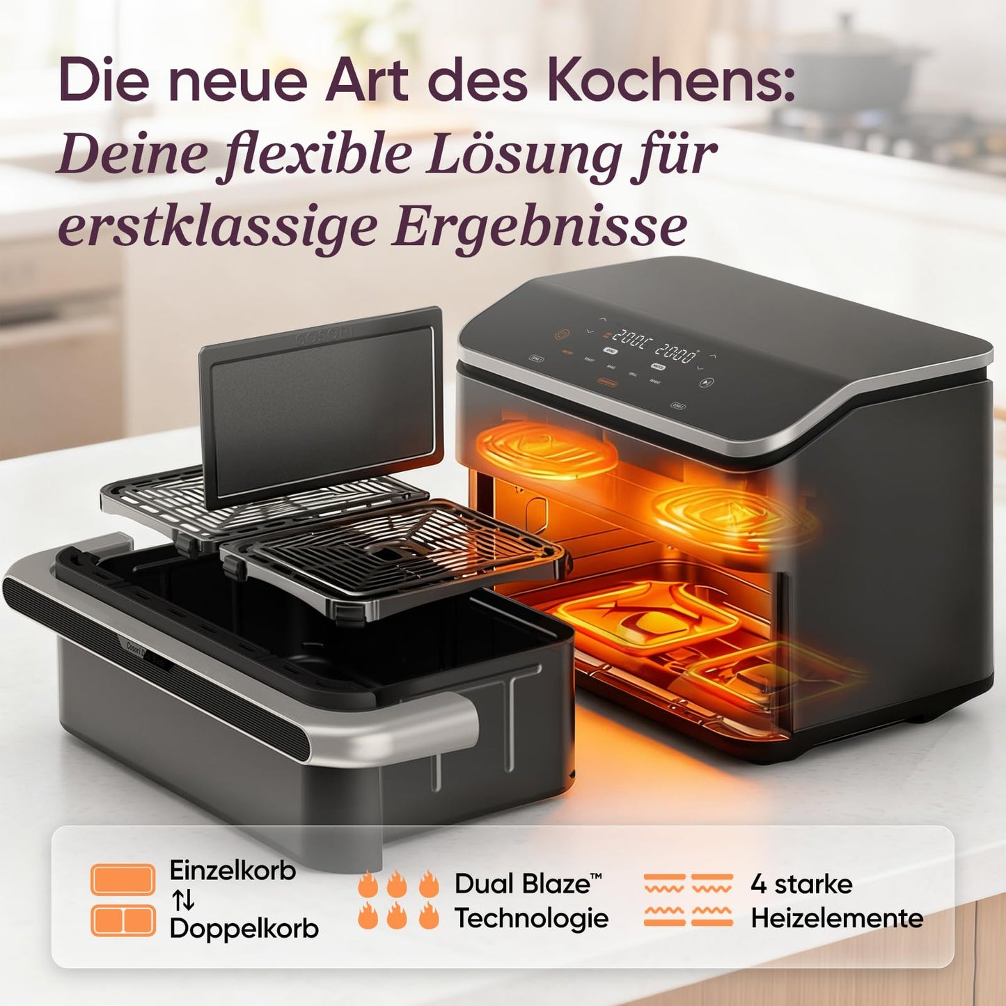 COSORI hot air fryer 2 chambers, Dual Blaze TwinFry 10L Airfryer, with 4 heating tubes and flexible chambers, even heat distribution, temperature up to 240 degrees C, black, TF102S