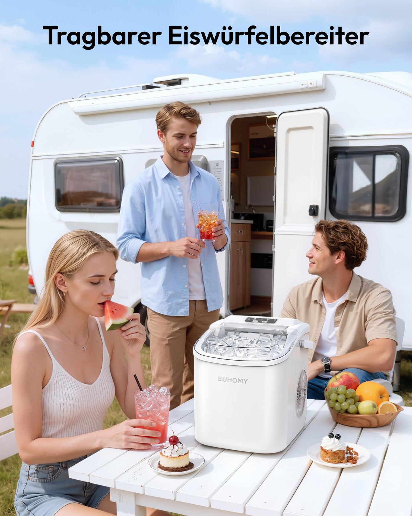 EUHOMY Ice cube machine, small ice cube machine, 9 ice cubes in 6 minutes, self-cleaning ice cube machine, with carrying handle and ice basket, 12 kg/day, suitable for kitchen, home, camping, RV, white - B0DG8Q7R6B