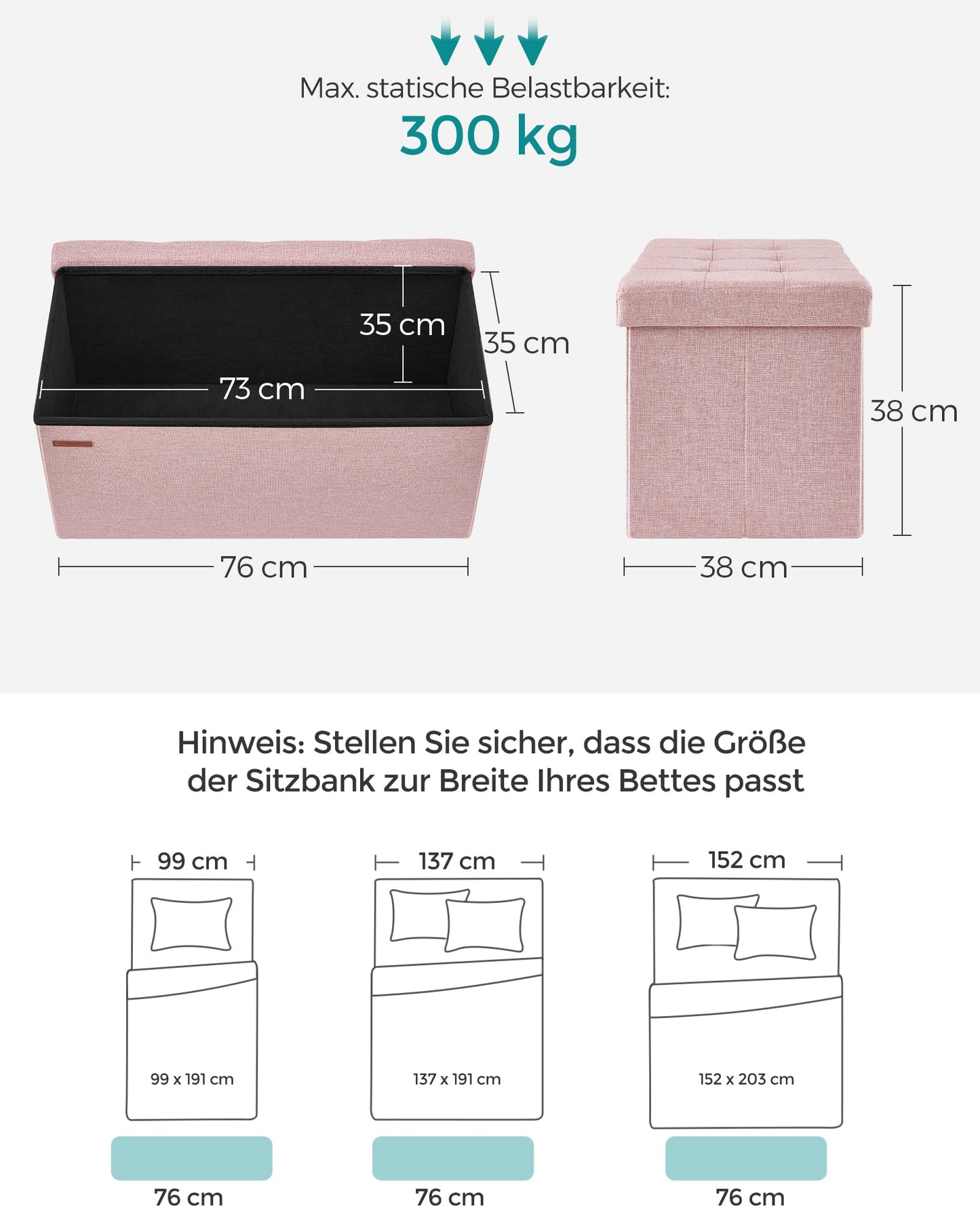 SONGMICS Stool with storage space, folding bench, 38 x 76 x 38 cm footstool, storage box, loads up to 300 kg, for living room, bedroom, hallway, pastel pink LSF047R11 - 6955880314393