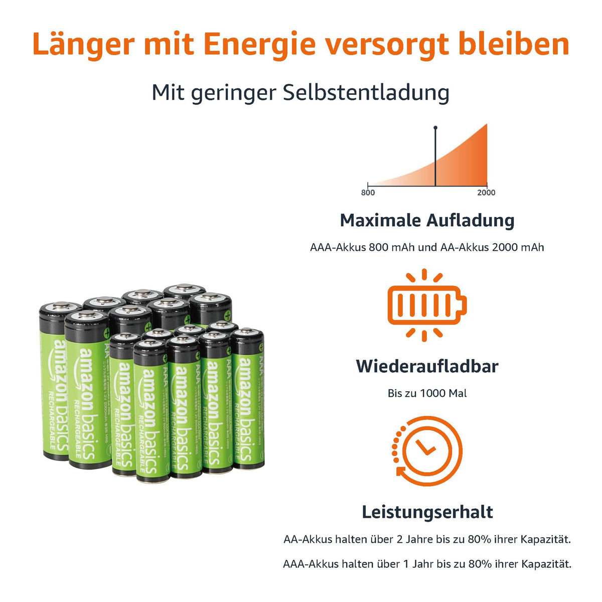 Amazon Basics Battery Set, rechargeable, consisting of 8 x AAA batteries, NiMh, 800 mAh, + 8 x AA batteries, 2000 mAh, with a battery charger that holds 8 batteries, without AC power adapter, USB-C connection, black. - HFR-AA2000-AAA800-HPTCH0036