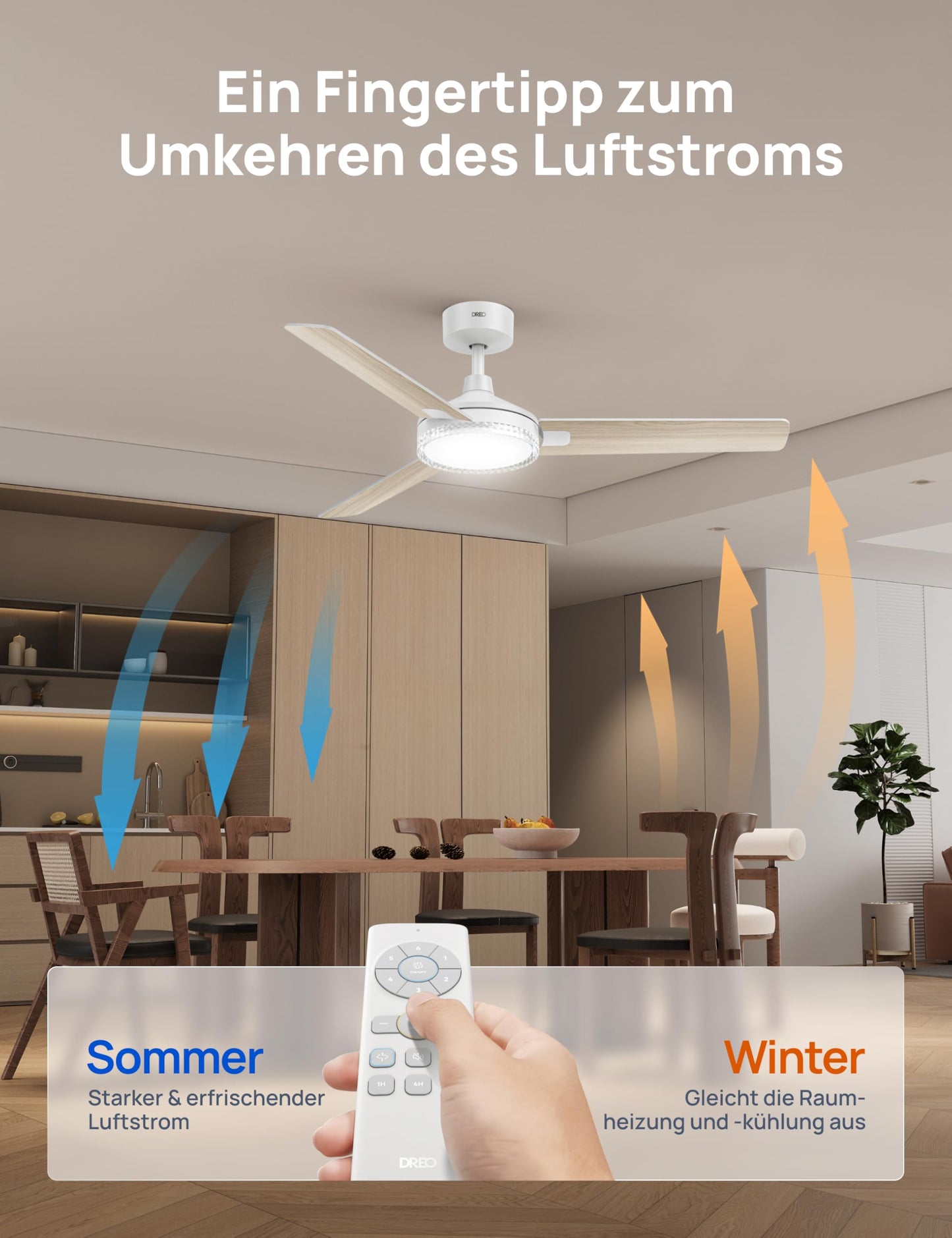 DREO ceiling fan with lighting and remote control, 132 cm white fan ceiling with light and Alexa, 5 CCT colors, 6 levels dimmable, 6 levels, quiet reversible DC motor, timer (1/4/8h) - DR-HCF004