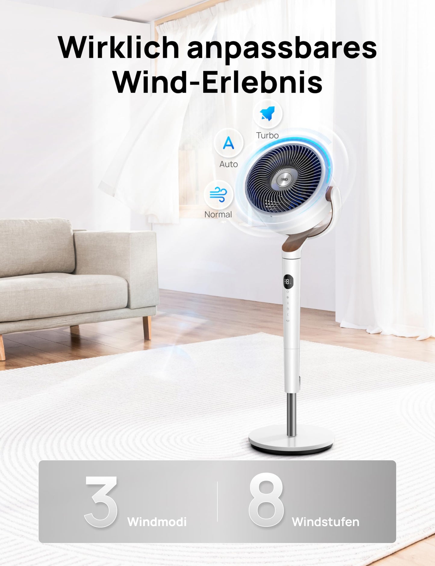 DREO 23dB quiet pedestal fan, 120°+120° omni-directional oscillating fan, 27M wind distance, 1615 m³/h air volume Real turbo air circulator fans, 89-102cm height 3 modes 8-speed - DR-HPF002