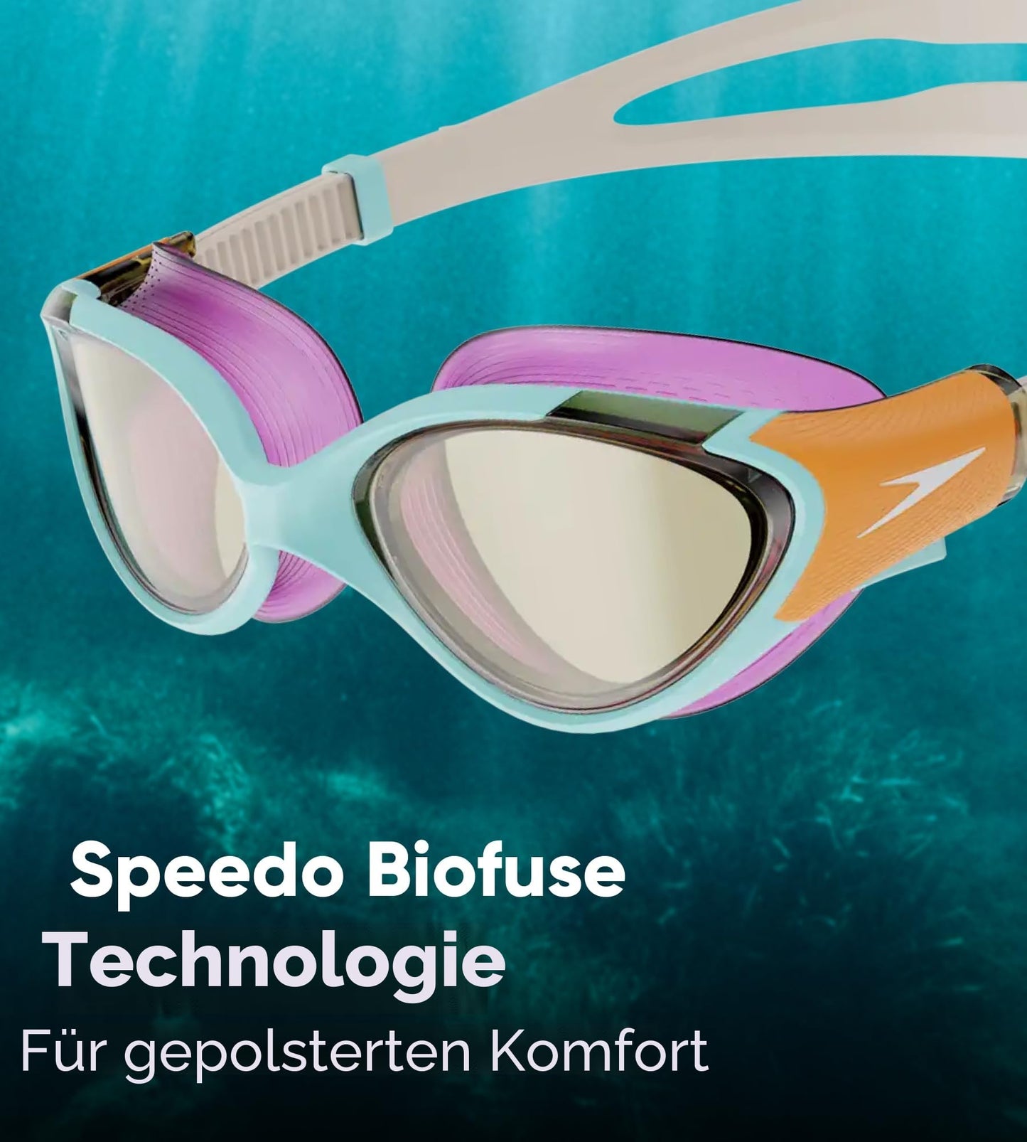 Speedo Women's Biofuse 2.0 Swimming Goggles | Design for women | Patented adjustment mechanism | Anti-fog | Waterproof | Comfortable seat Marine Blue/Pumpkin Spice/Pale One Size - 800377616735