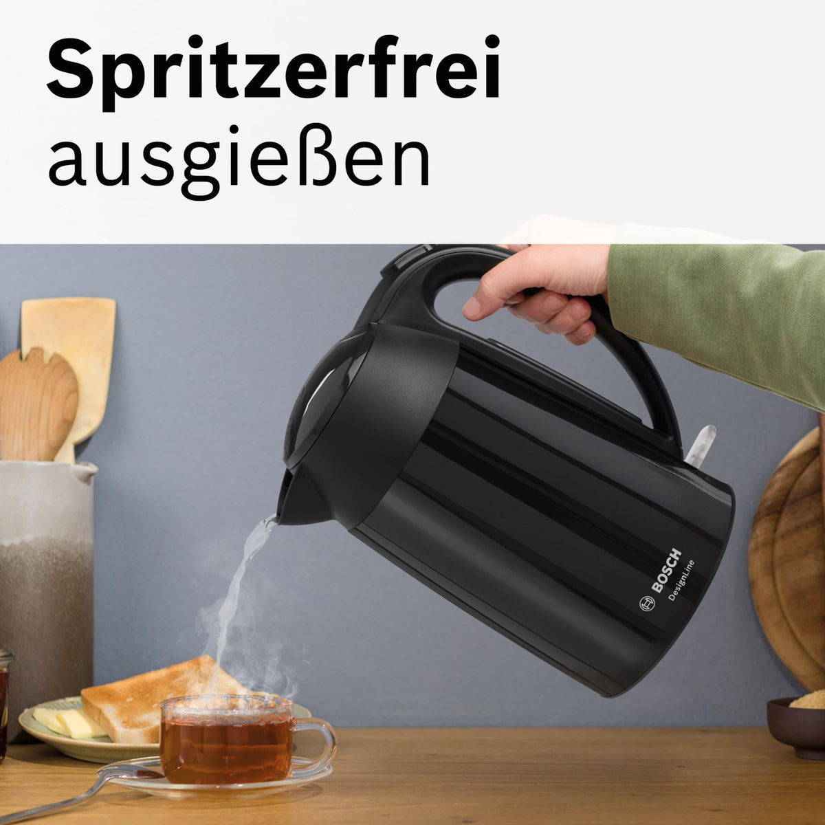 Bosch cordless kettle DesignLine TWK3P423  
 DesignLine cordless kettle, spill-free pouring, cup indicator, water level indicator, overheating protection, 1.7 L, 2400 W, black