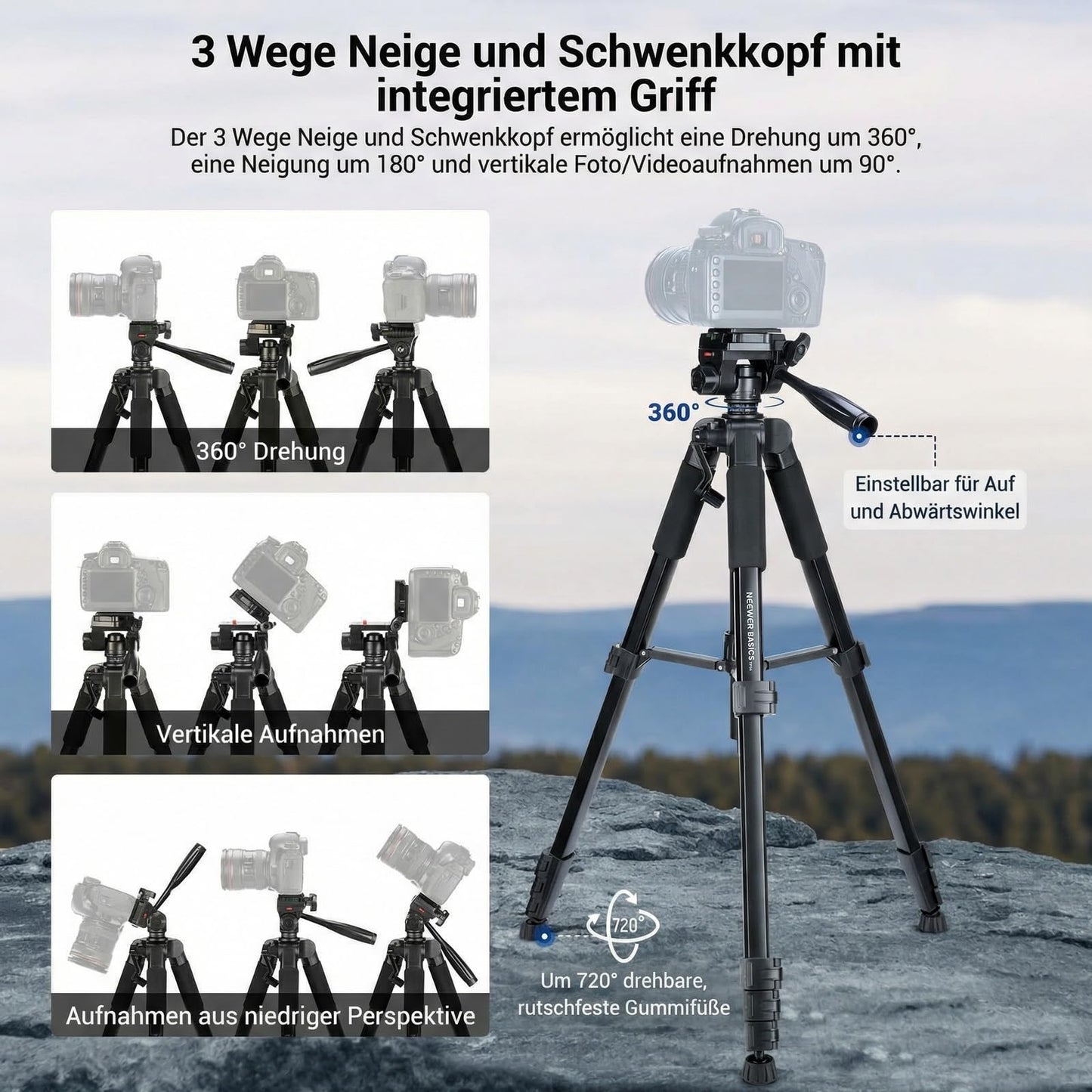 NEEWER Basics TP56 camera tripod, 74" tripod with cell phone holder