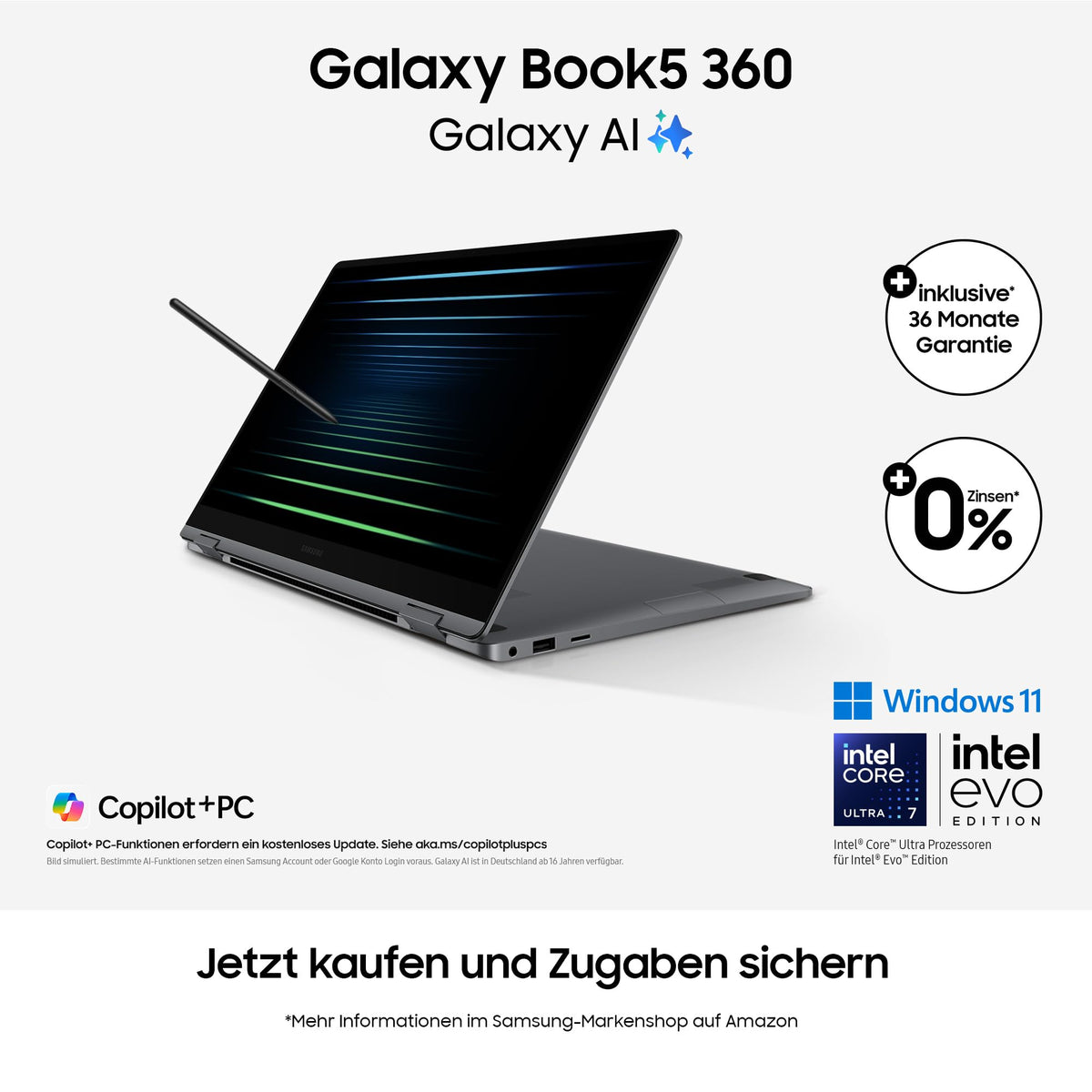 Samsung Galaxy Book5 360 15,6" 2-in-1 Laptop, Convertible AI Notebook cu procesor Intel Core Ultra 7, 32 GB RAM, 1 TB stocare, Moonstone Gray, 3 ani garanție a producătorului [Exclusiv pe Amazon] - NP750QHA-KA4DE