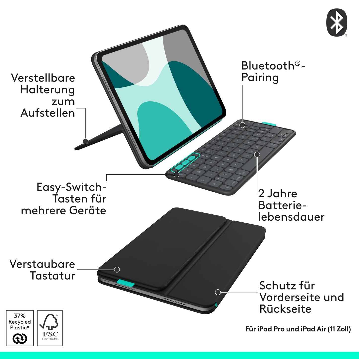 Logitech MX Anywhere 3S for Mac, compact wireless Bluetooth mouse, 8K DPI tracking on any surface, flip folio keyboard case for iPad Pro 11 Inch (M4), iPad Air 11 Inch (M2 and M3)(5th Gen - 2024) - 910-006929