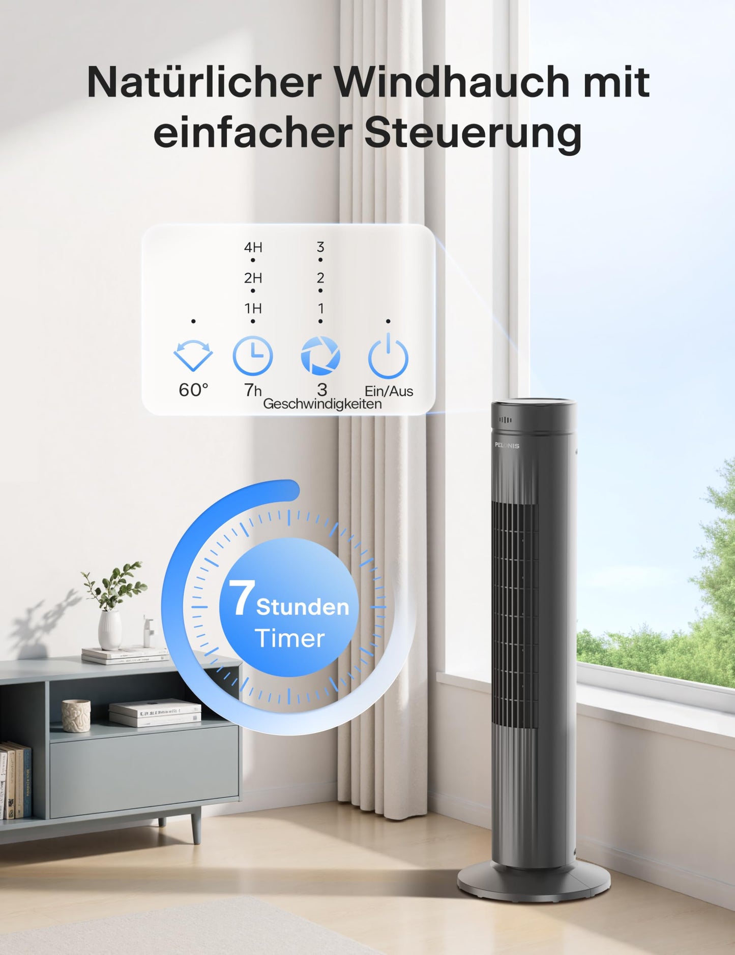 Pelonis Very Quiet Tower Fan, Fan with Remote Control Cooling, 3 Speeds, Tower Fan with 7 Hour Timer and 3 Modes, Fan for Bedroom - PE-FZ10-24KRP-DE