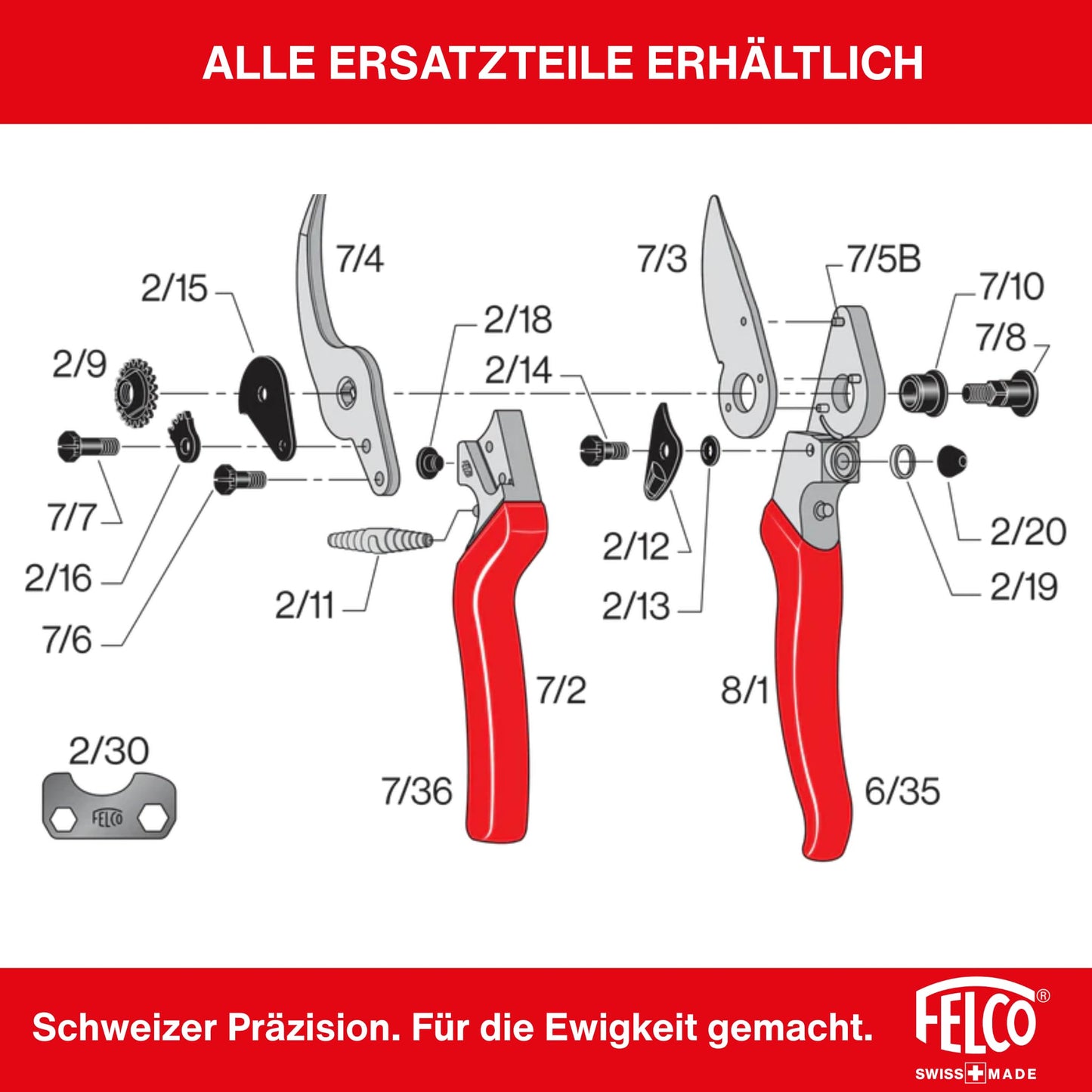 FELCO 8 right-handed bypass pruner, ergonomic for large hands, 52mm steel blade, 25mm cutting diameter, shock absorber, forged aluminum handles, angled cutting head, Swiss Made - 100052387