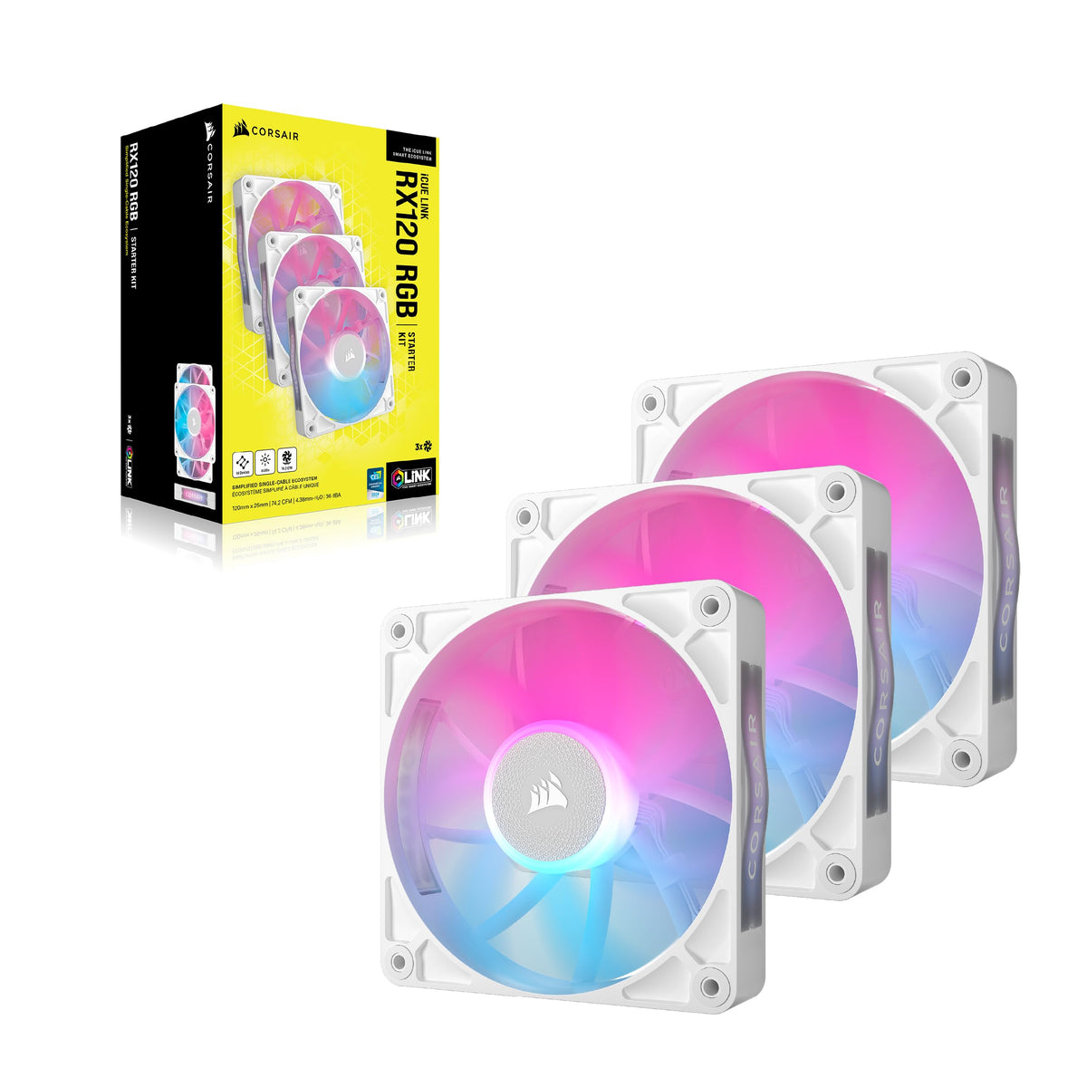 CORSAIR iCUE LINK RX120 RGB 120mm PWM-Lüfters – Pachet de trei, Alb - CO-9051022-WW