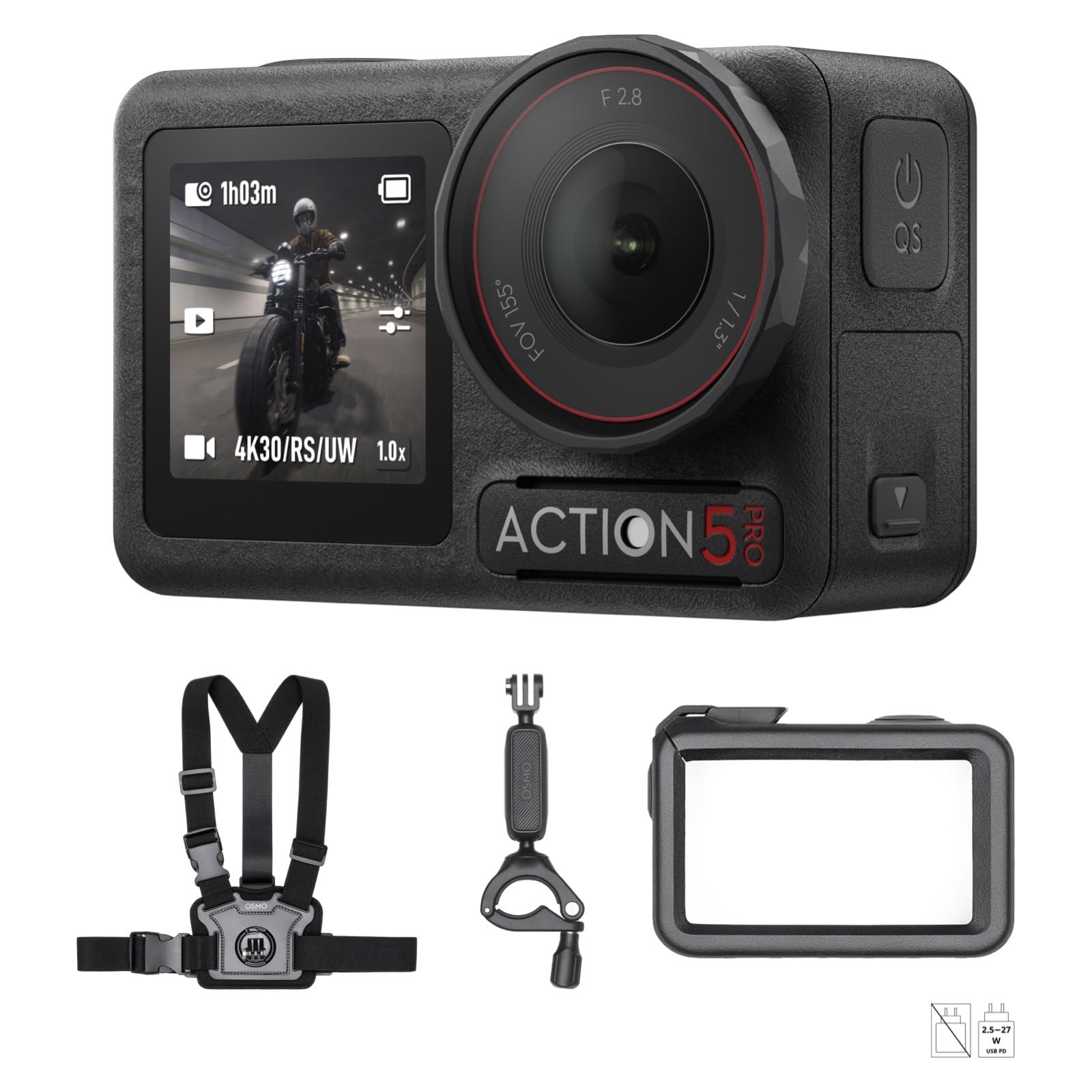 DJI Osmo Action 5 Pro motorcycle/mountain bike combo, action cam 4K for cyclists, 1/1.3" sensor, 155º field of view, 4 hour battery, sports data recording, chest strap mount for first-person view