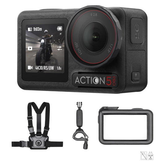 DJI Osmo Action 5 Pro motorcycle/mountain bike combo, action cam 4K for cyclists, 1/1.3" sensor, 155º field of view, 4 hour battery, sports data recording, chest strap mount for first-person view