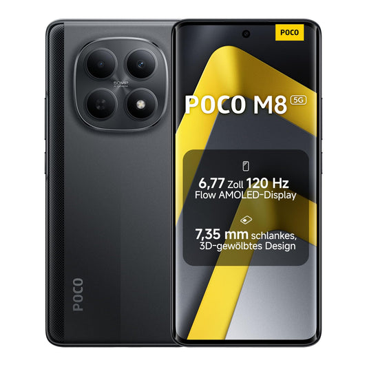 XIAOMI Poco M8 5G Smartphone, 8 GB RAM + 256 GB Storage, Mobile Phone with Android, 6.77" 120 Hz Flow AMOLED Display, 50 MP AI Dual Camera, 7.35 mm Slim 3D Curved Design, Black, 2 Year Warranty - MZB0NF6EU