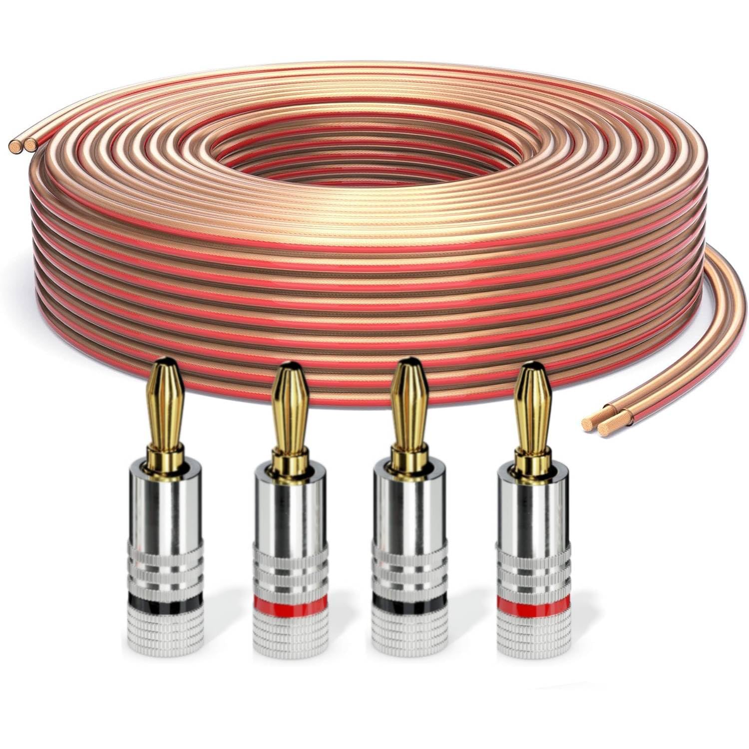 PureLink speaker cable OFC 2x2.50mm², (0.20mm), 15.0m, transparent with red characteristic, set with 4 banana plugs - SE-SP060-015-B04