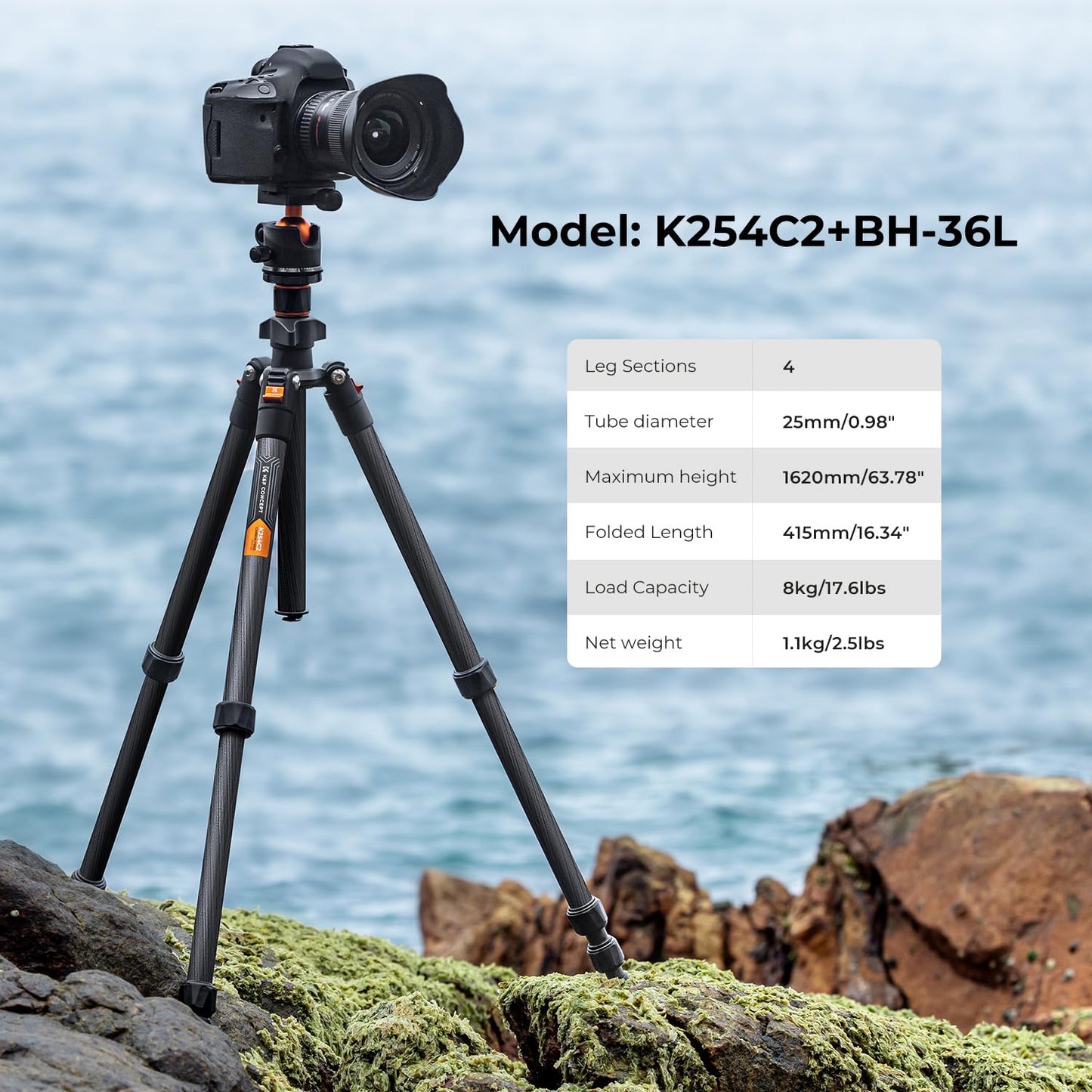 K&F CONCEPT K254C2 camera tripod made of carbon fiber, tripod camera 162cm, travel tripod Arca Swiss compatible, tripod for on the go - O254C2