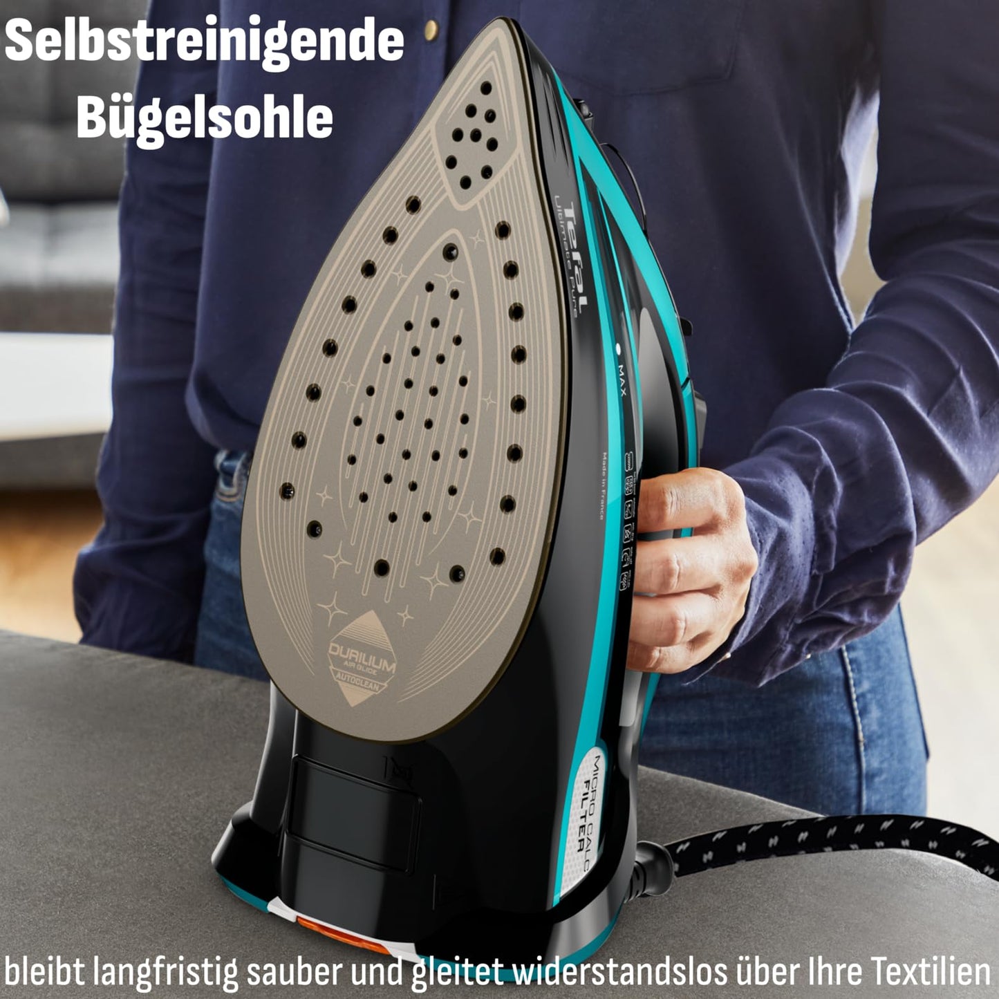 Tefal Ultimate Pure steam iron, 3200 W, 1.2 kg, Micro-Calc filter, Durilium Airglide Autoclean soleplate, automatic switch-off, 0.35 liter water tank, Made in France, black/turquoise, FV9844