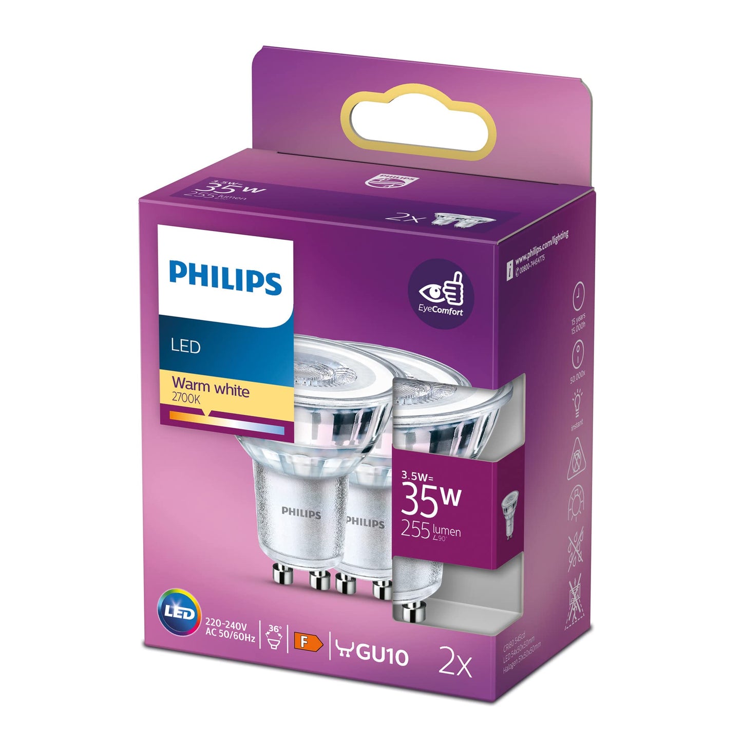 Philips LED Classic GU10 lamp, 35 W, reflector LED spots with warm white light, energy-saving lamps with a long useful life, pack of 2, old generation - 77429500