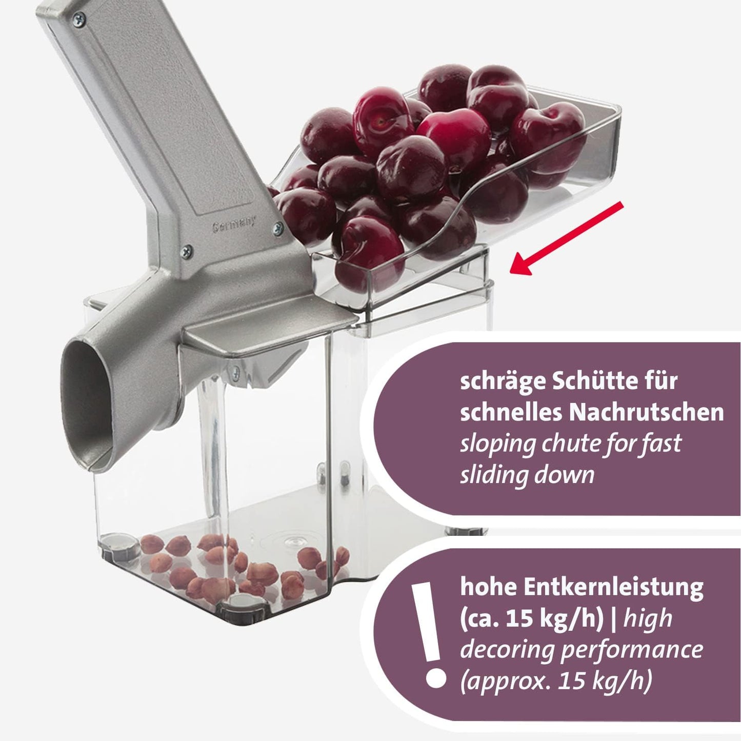 Westmark cherry stoner/stoner with inclined chute and large core cassette, plastic/stainless steel/aluminium, Kirschomat, silver/black/transparent, 40702260