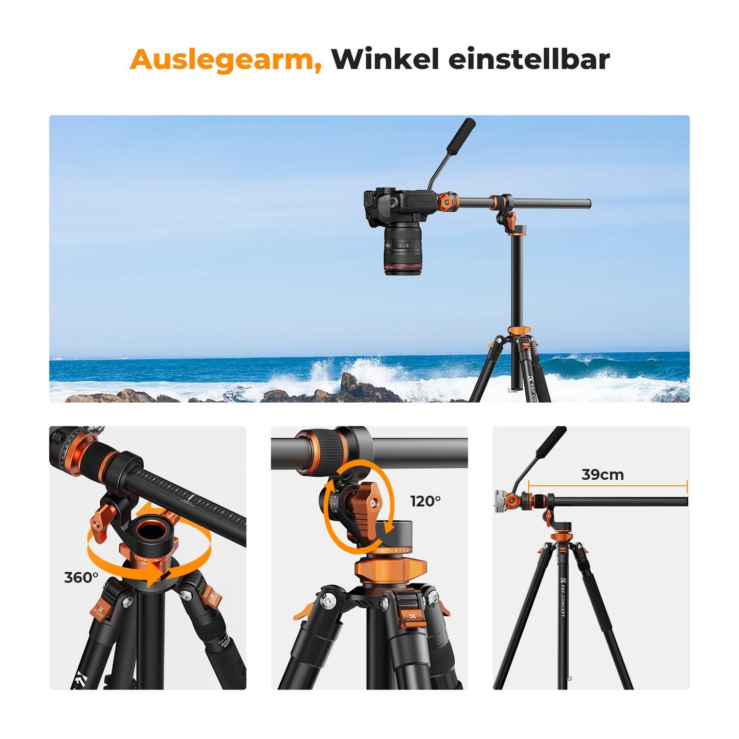 Camera tripod, K&F CONCEPT video tripod video tripod with fluid head, 231cm tripod with 90° center column and removable monopod, aluminum travel tripod T254A7+FH-03 for DSLR, camcorders, cameras