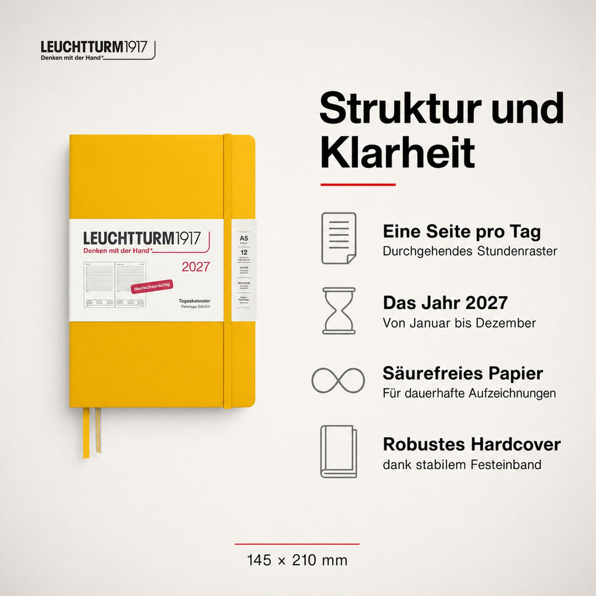 LEUCHTTURM1917 Daily Calendar 2027 Medium (A5) - German, Sunflower, 145 x 210 mm, January-December (12 months), 1 page per day, hourly grid 7:00 a.m. - 10:00 p.m., hardcover, 80 g/m² paper - 400160