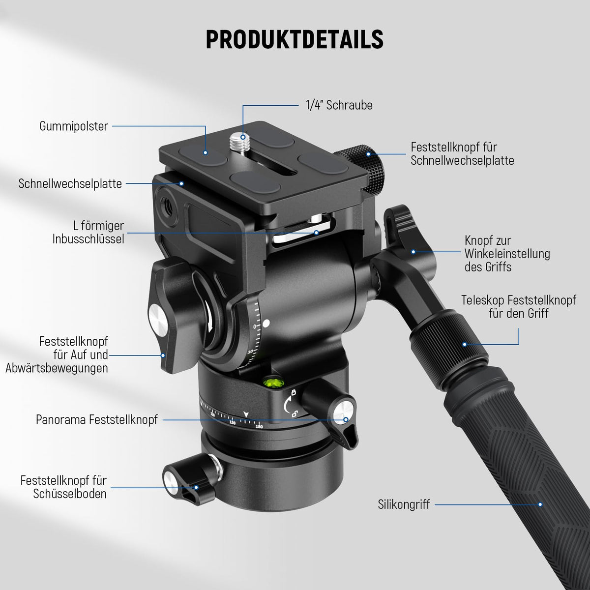 NEEWER Videostativ Fluidkopf cu bază de nivelare +/-7° (φ48mm), mini cap de înclinare și panoramare din metal cu placă Arca QR, mâner telescopic pentru cameră video compactă DSLR, capacitate maximă de încărcare 5kg GM35