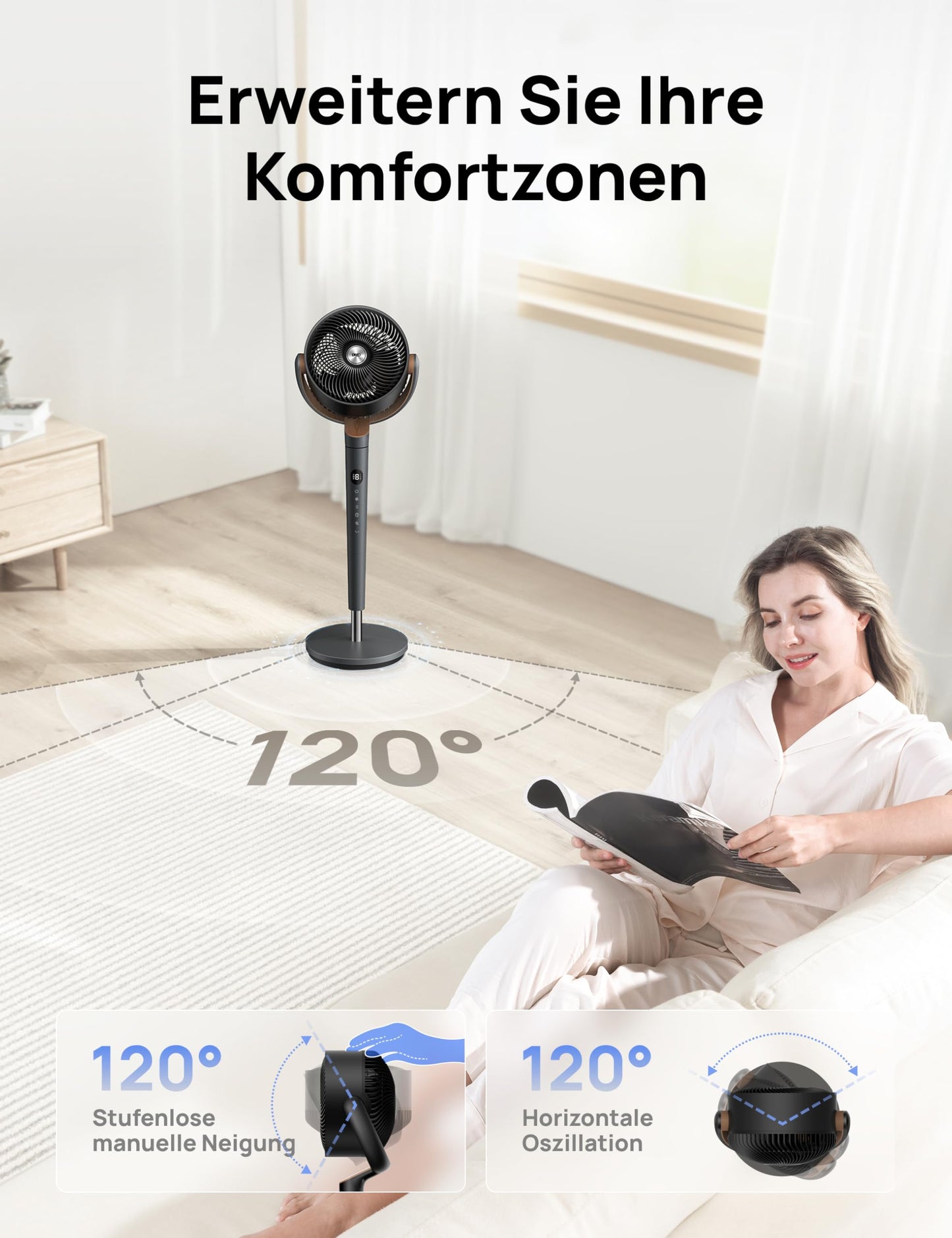 DREO pedestal fan very quiet, large fan with remote control, 20dB silent fan with DC motor, 120° oscillating, 4 modes, 94-107cm height adjustable, floor fan, TurboPoly Fan 512, gray