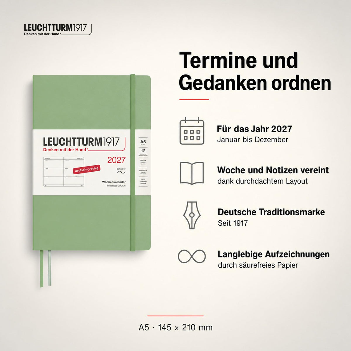 LEUCHTTURM1917 Calendar săptămânal 2027 mediu (A5) - germană, salvie, copertă moale, 145 x 210 mm, 12 luni - ianuarie-decembrie 2027, 1 săptămână pe pagină dublă, hârtie de 80 g/m² cu compatibilitate ridicată cu cerneală - 400130