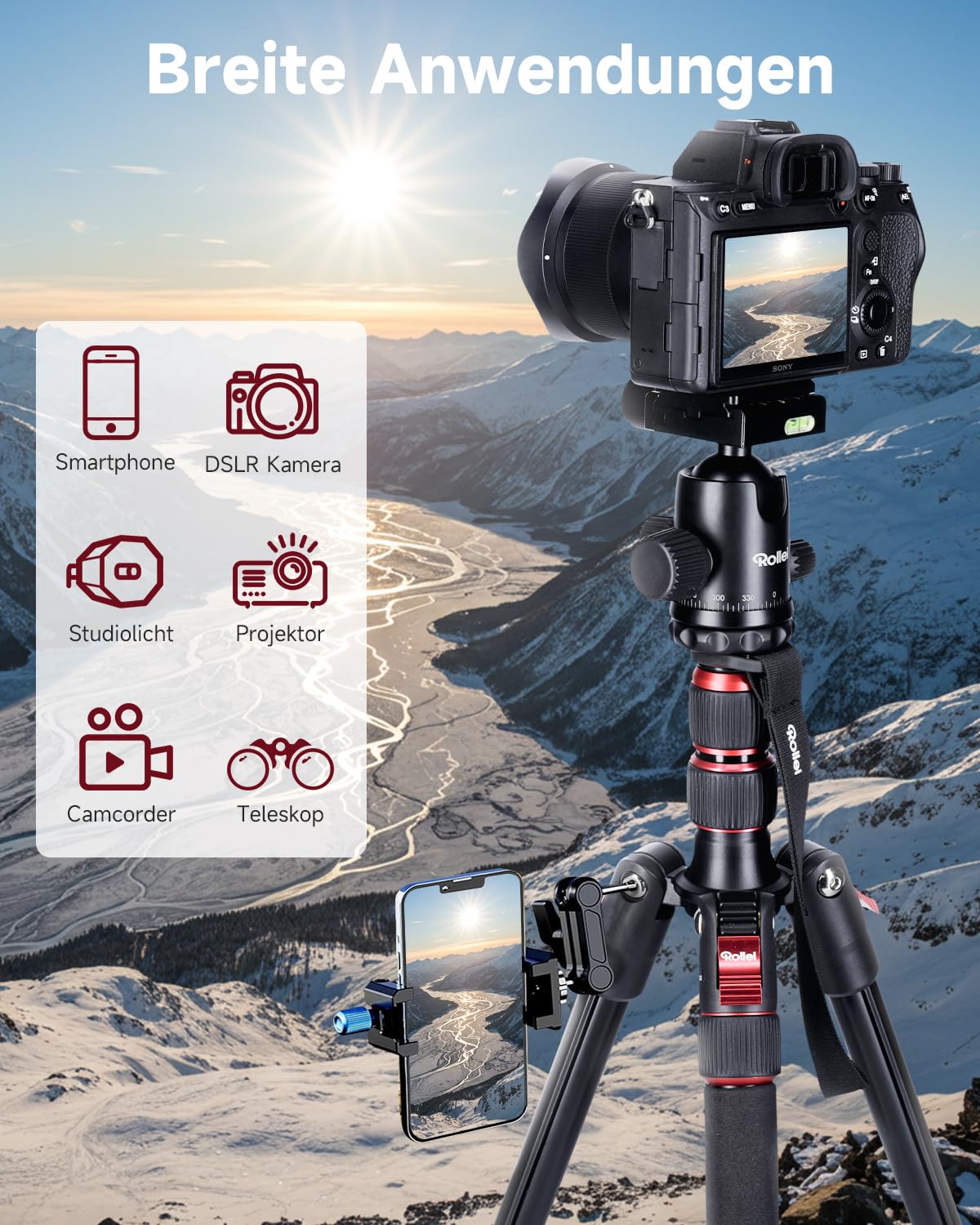 Rollei Compact Traveler No. 2 tripod black, 180cm tripod camera 360° ball head compact aluminum travel tripod with monopod function tripod for DSLR camera photo tripod with mobile phone holder - 23150