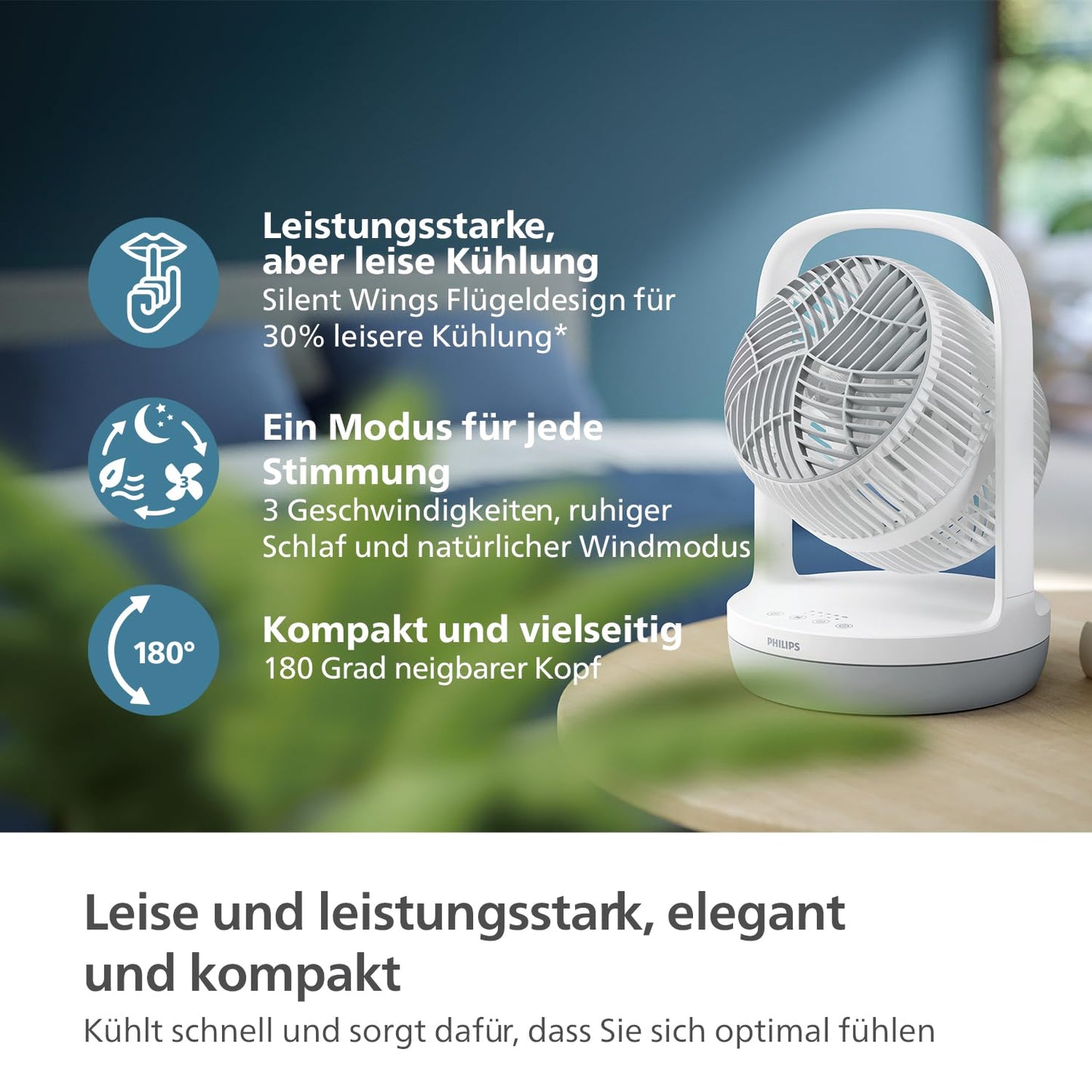 PHILIPS table fan series 2000. Strong & super quiet with SilentWings technology. 23dB. Air circulation. Tilt 180° adjustable. 12 hour timer. Bedroom, Home & Office. White (CX2050/00)