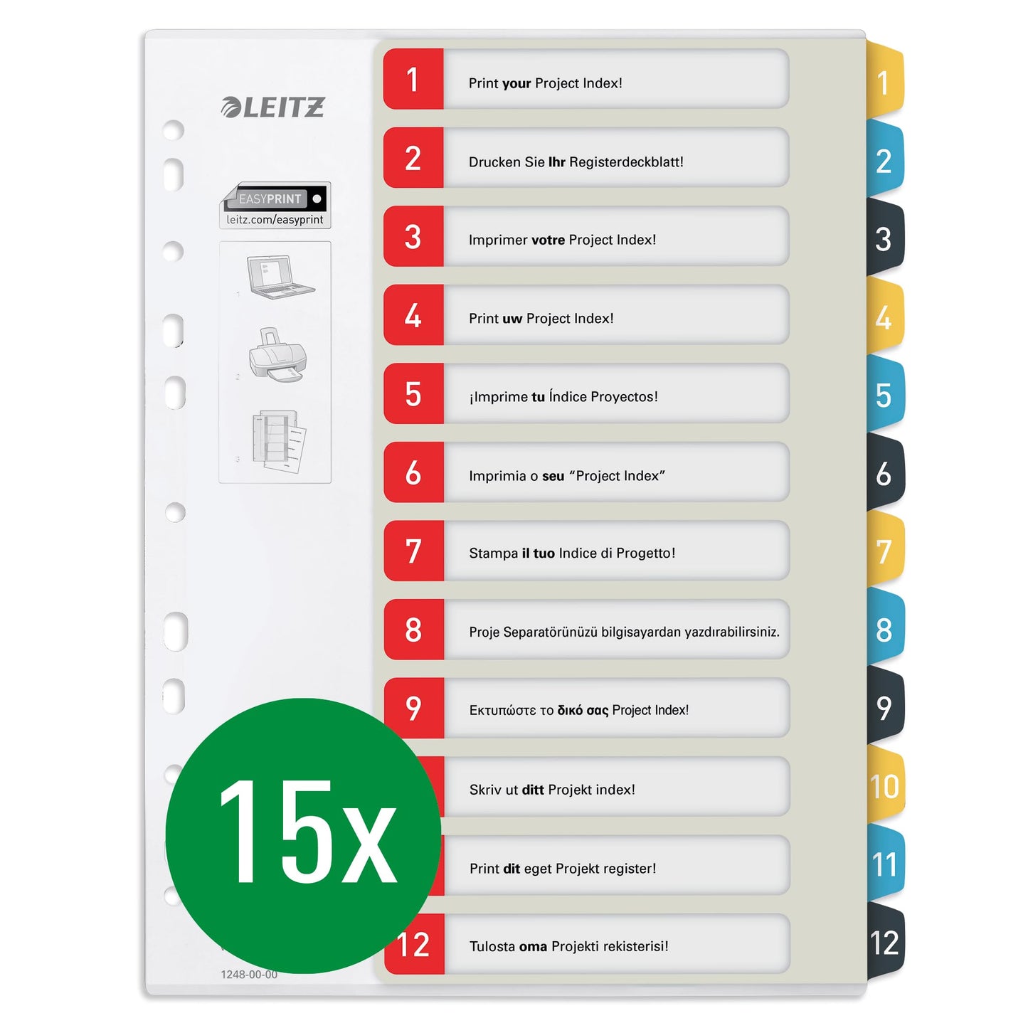 Leitz PC-writable register in A4 format, pack of 15, 1-12, robust, multi-colored, cozy series, 12480000 - 12480000-15