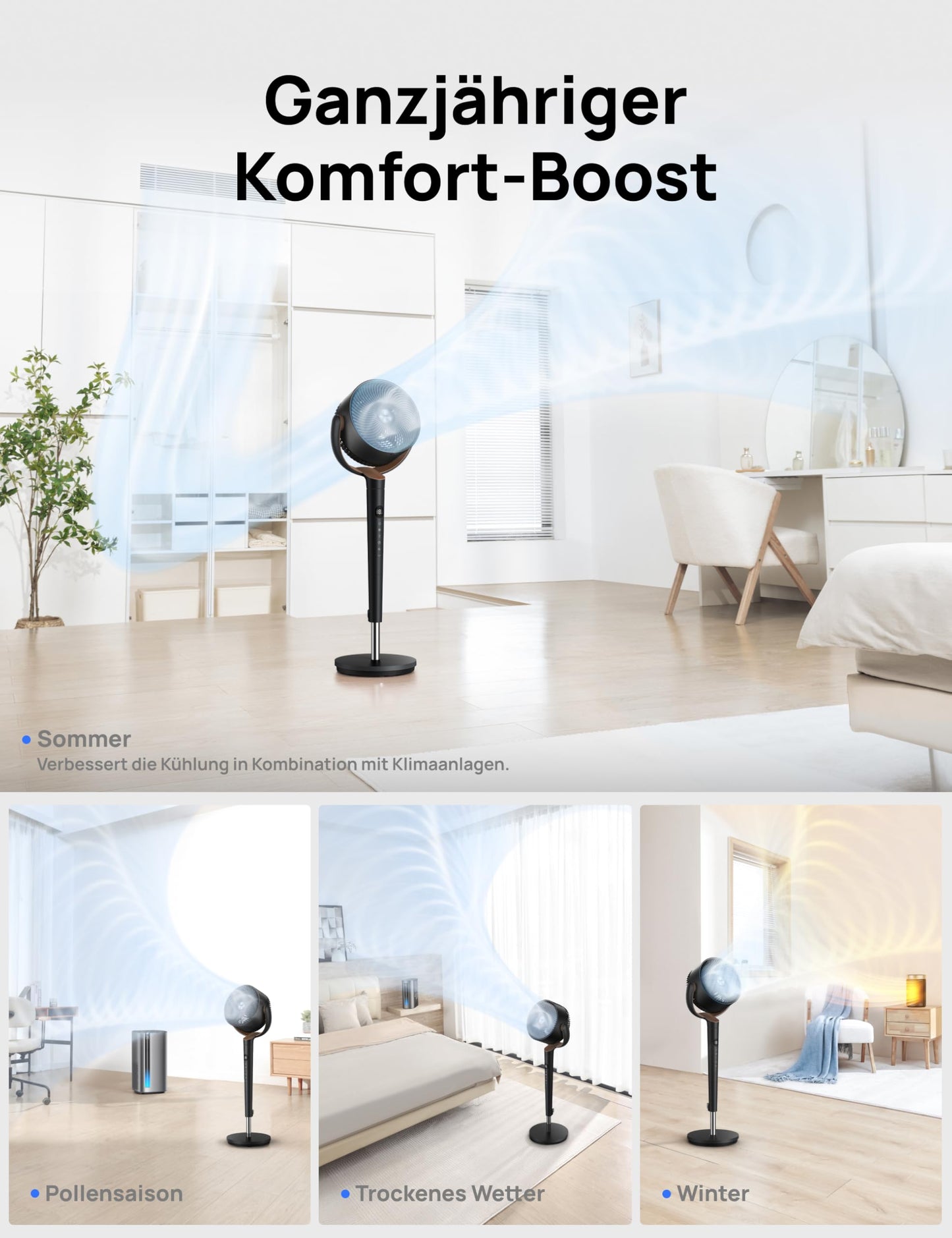 DREO pedestal fan very quiet, large fan with remote control, 20dB silent fan with DC motor, 120° oscillating, 4 modes, 94-107cm height adjustable, floor fan, TurboPoly™ Fan 512