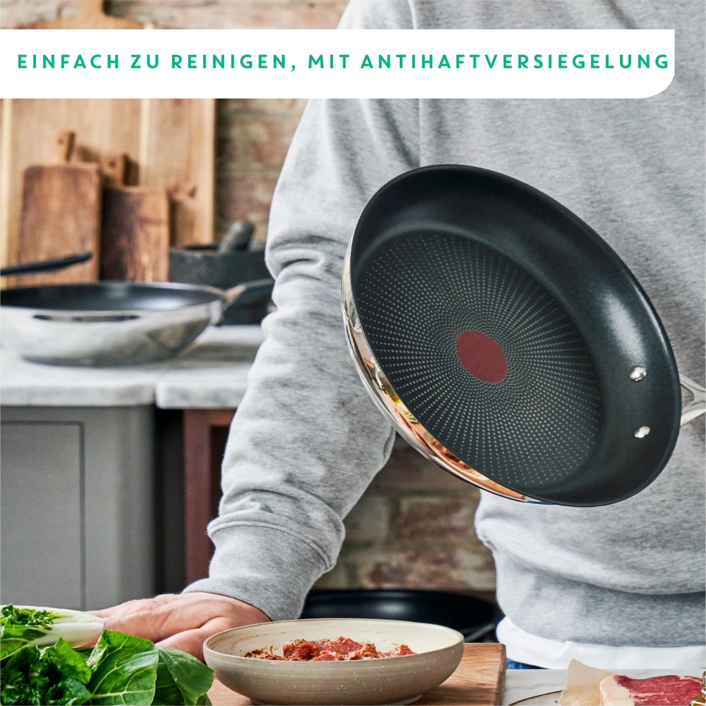 Tefal Jamie Oliver Cook's Direct On frying pan 24 cm, induction pan, non-stick coating, thermal signal at ideal frying temperature, oven safe, stainless steel pan, riveted handle, E3040444