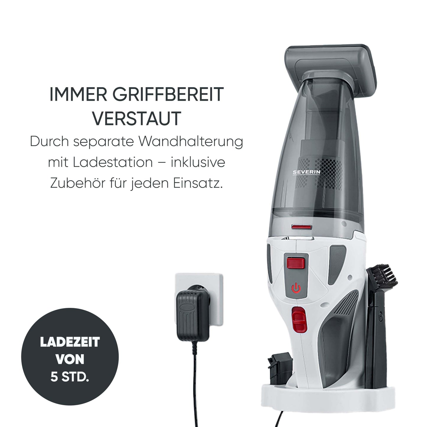 Severin 4-in-1 cordless handheld vacuum cleaner, wireless wet & dry vacuum cleaner for car seats, handheld vacuum cleaner for pet hair & liquids, up to 30 minutes running time in eco mode, white-grey-red, HV 7146
