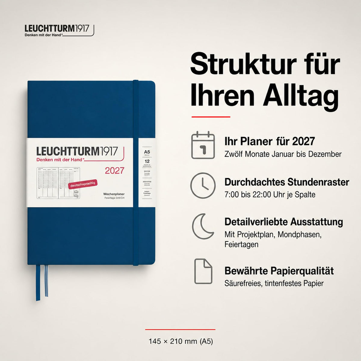 LEUCHTTURM1917 Planificator săptămânal 2027 Medium (A5) - Germană, Indigo, 210 x 145 mm, ianuarie-decembrie (12 luni), prezentare generală săptămânală cu grilă orară 7:00-22:00 per coloană, copertă cartonată, hârtie de 80 g/m² - 400151