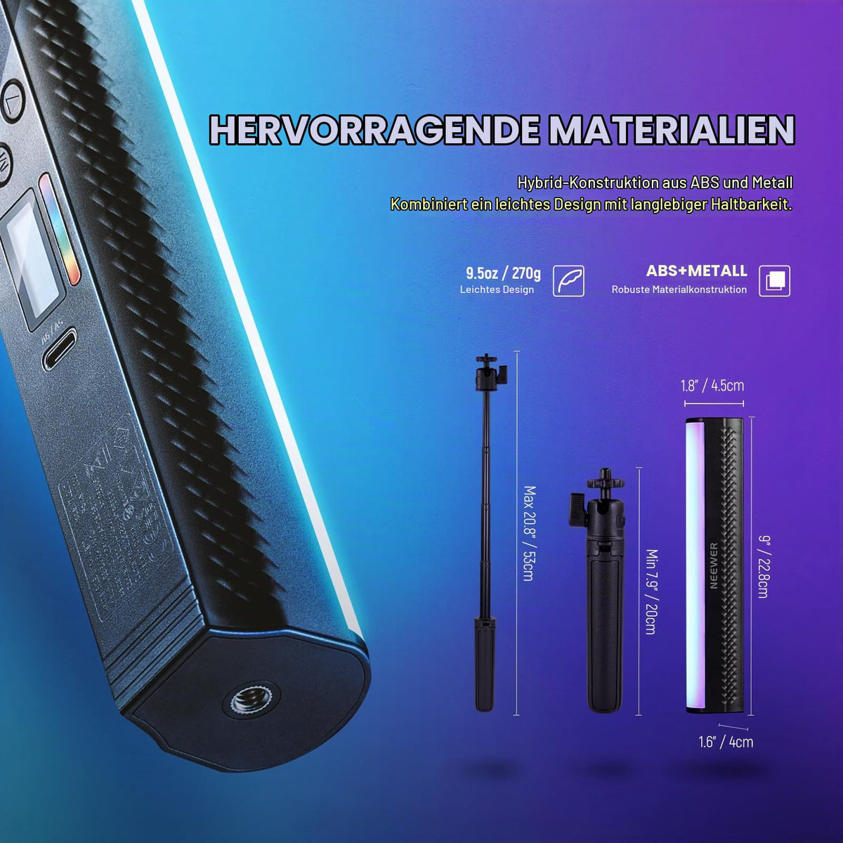 NEEWER RGB Light Stick with Table Tripod, APP controlled magnetic handheld photography video light stick, 2500K-8500K dimmable CRI95+ 17 scenes full-color LED tube bar for Vlog, 2550mAh battery TL21C