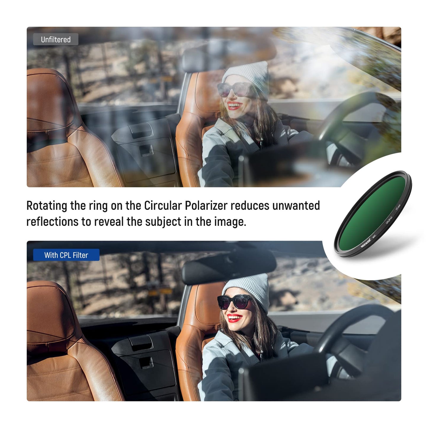 NEEWER 77 mm polarization filter (polarizing filter), CPL filter with 30-layer multi-layer polarizing film, reduce glare/improve contrast/ultra thin/reduce reflection/HD optical glass - 10100279