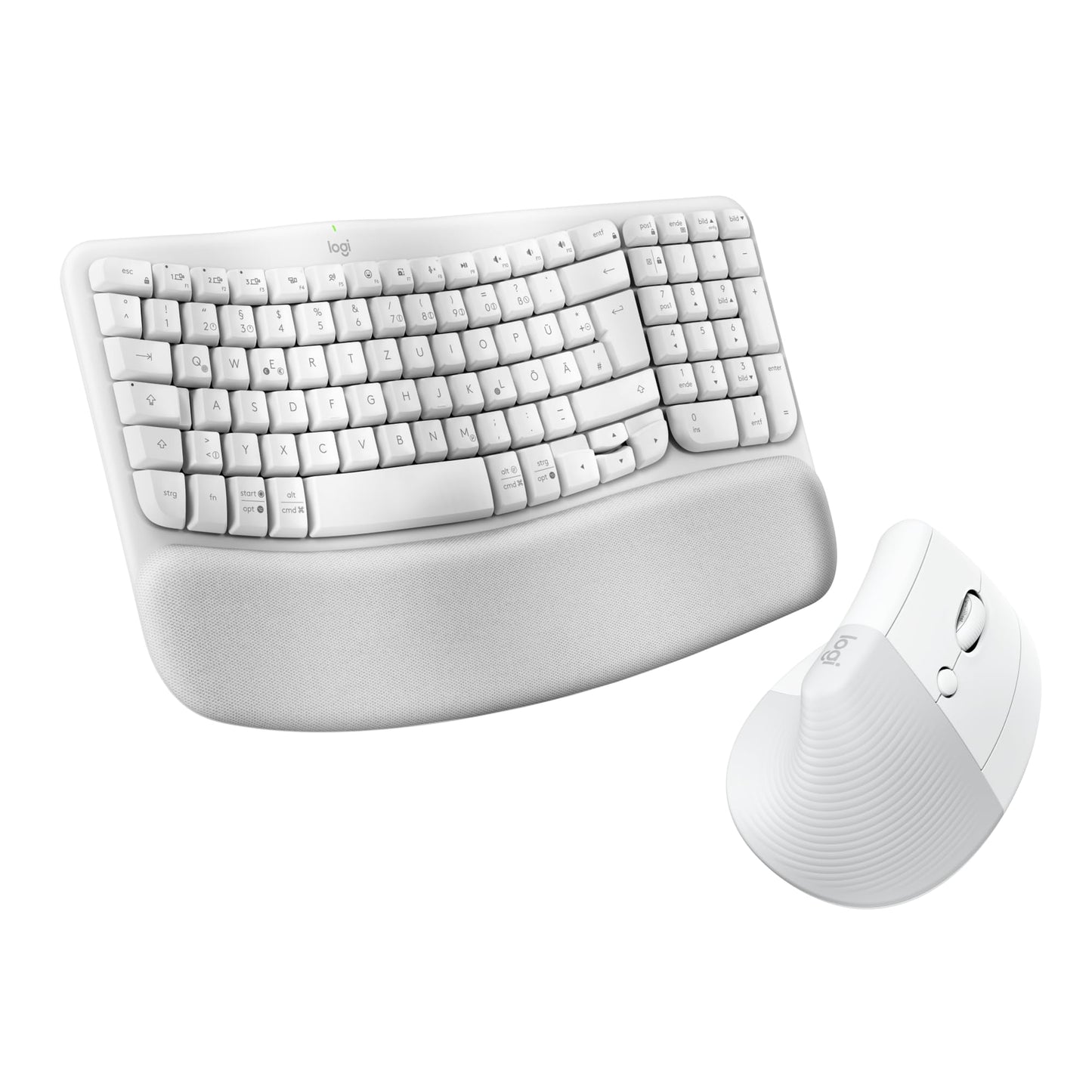 Logitech Wave Keys and Lift Vertical Mouse - Ergonomic Bundle - Wireless Keyboard with Padded Wrist Rest and Vertical Wireless Mouse - Bluetooth, Multi-OS, Windows/Mac - White - 910-006473
