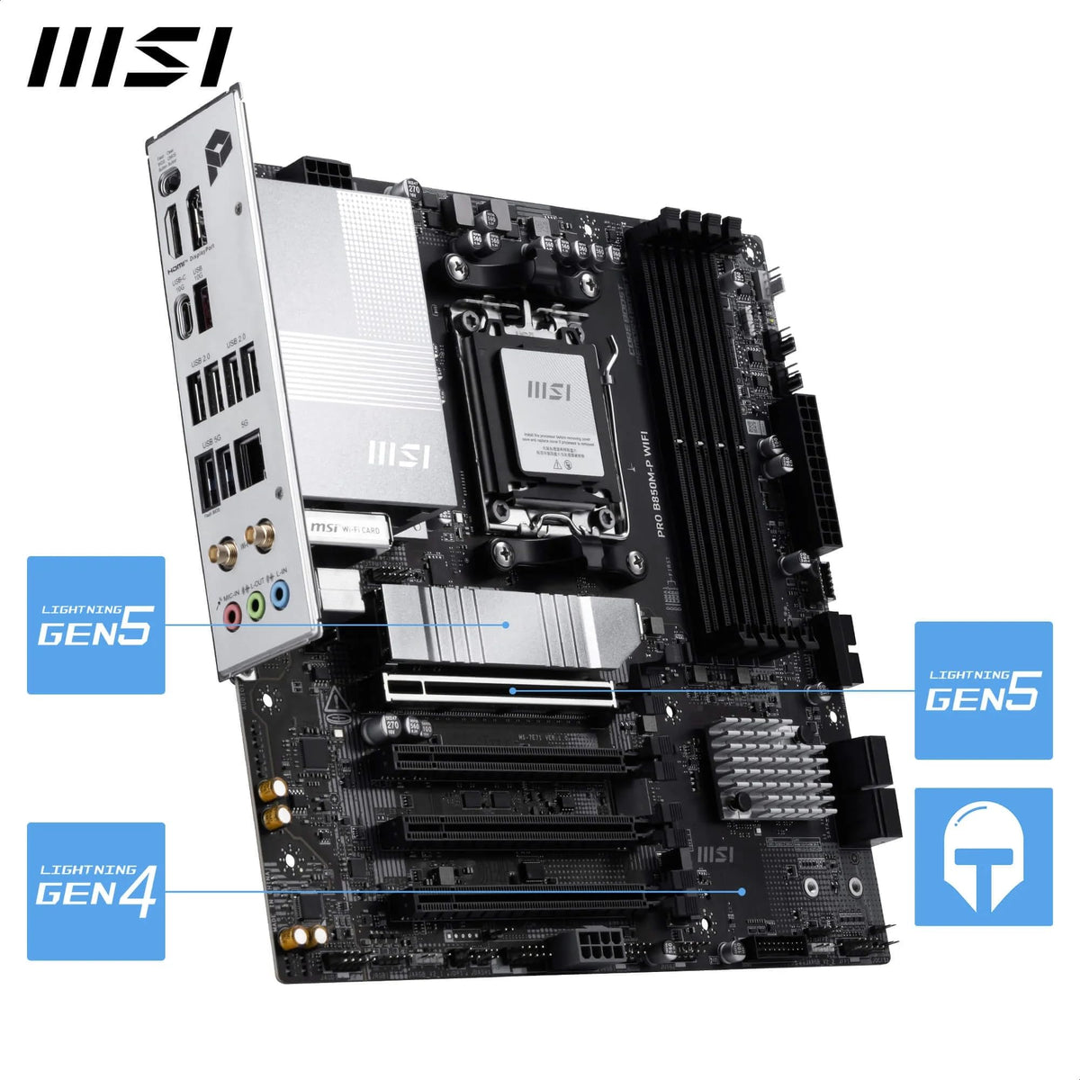 Placă de bază MSI PRO B850M-P WiFi, mATX - Suportă procesoare AMD Ryzen 9000/8000/7000, AM5 - Memorie DDR5 Boost (8200+ MT/s OC), PCIe 5.0 x16 și 4.0 x16, M.2 Gen5, Wi-Fi 7, LAN 5G - 7E71-001R