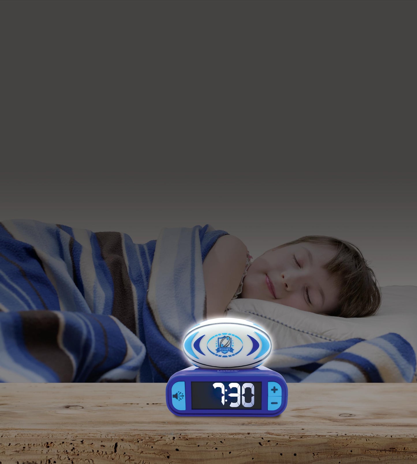 Lexibook, Rugby, Alarm Clock with Night Light, Sounds and Melodies, Backlit LCD Display, Luminous, Snooze Function, Blue, RL800RG