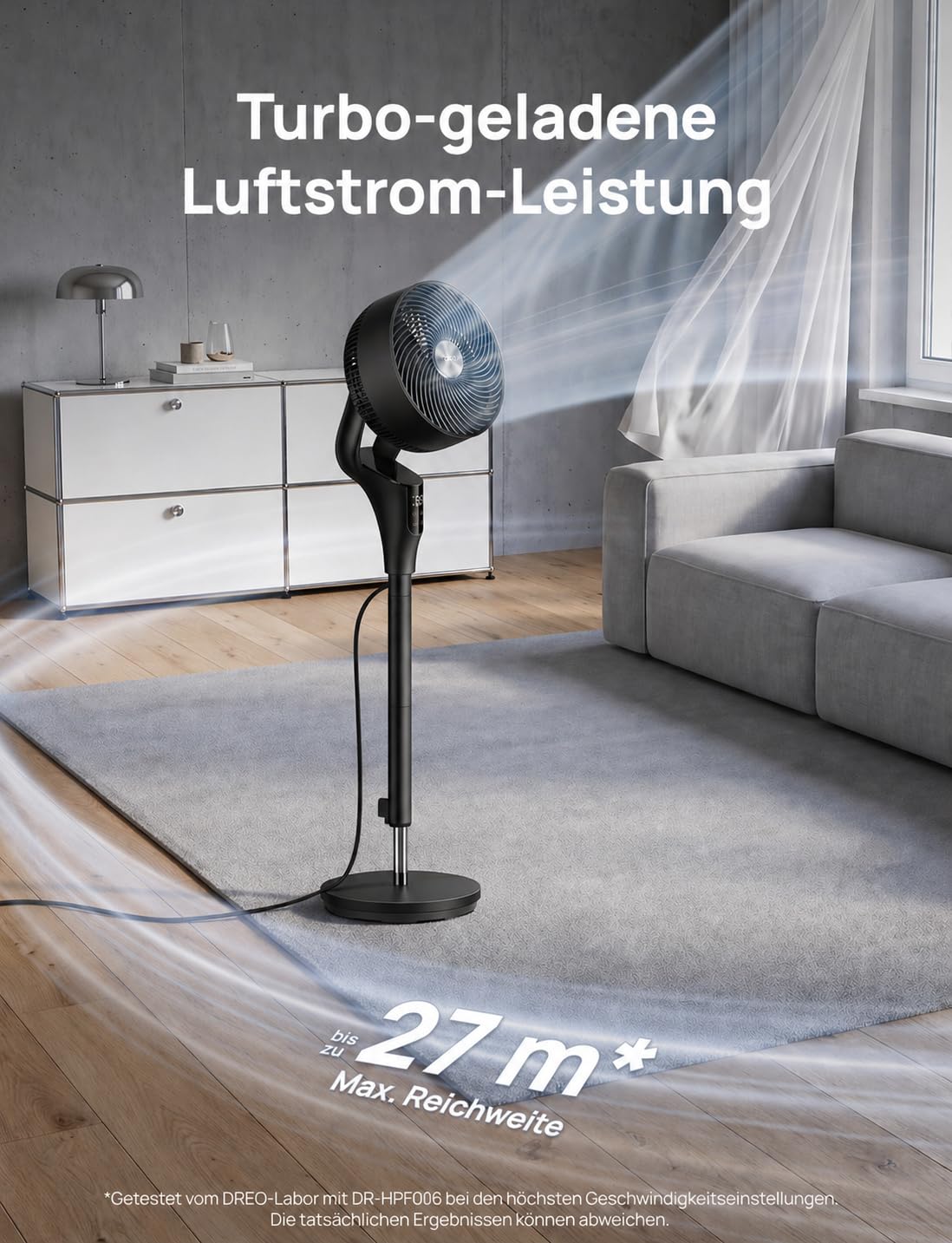 DREO Quiet Stand Fan for Bedroom [Improved], 27m Airflow, Quiet, 90° Oscillating, DC Motor, 8 Speeds, 3 Modes, 96-106cm Height Adjustable, 8H Timer, 105° Manual Tilt - DR-HPF013