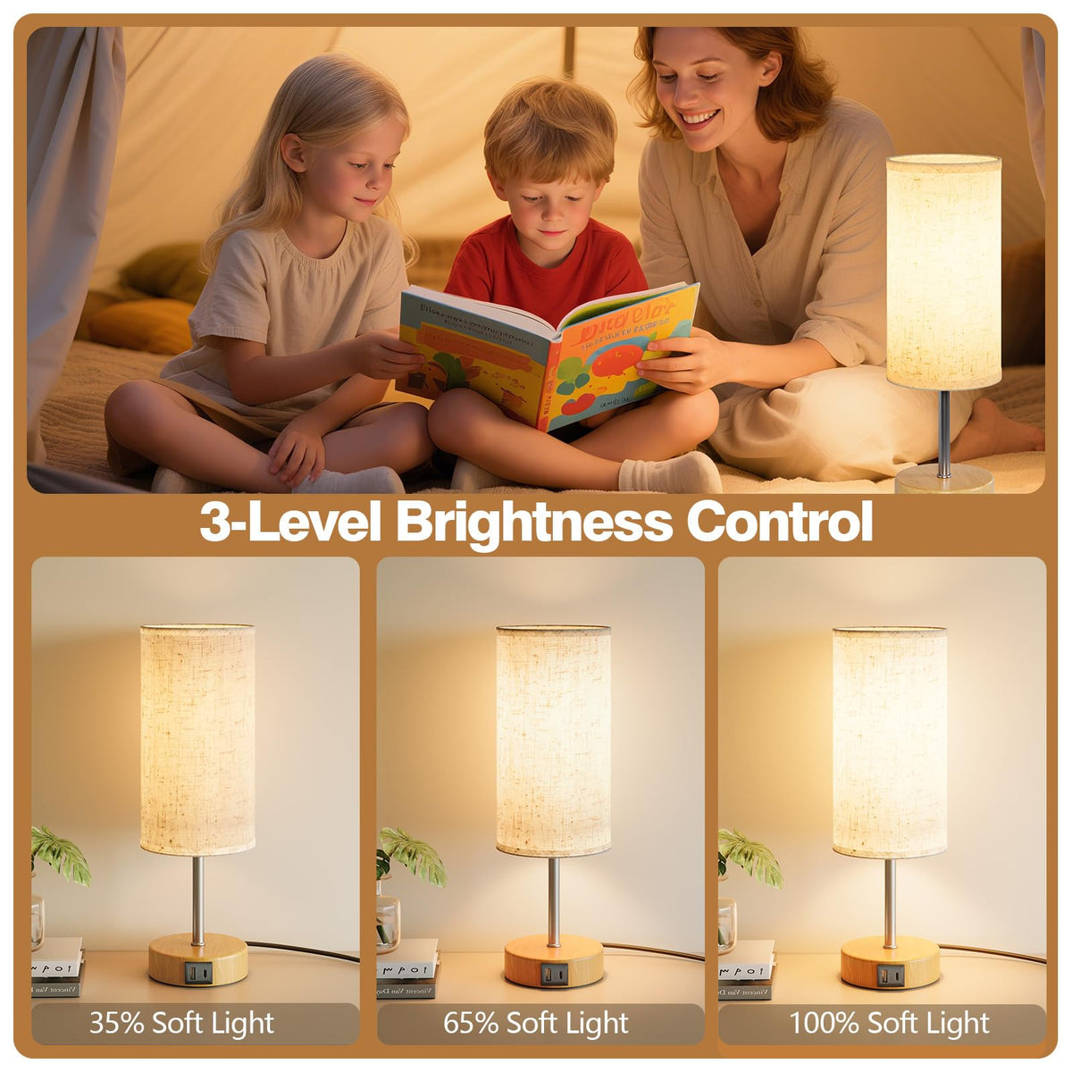 UPXNBOR Touch Nightstand Lamps 2-Piece Set, Table Lamp for Bedroom and Living Room with USB-A & USB-C Charging Ports, 3-Way Dimmable Nightstand Lamps, Linen Fabric Shade, (LED Bulb Included) - N15-1