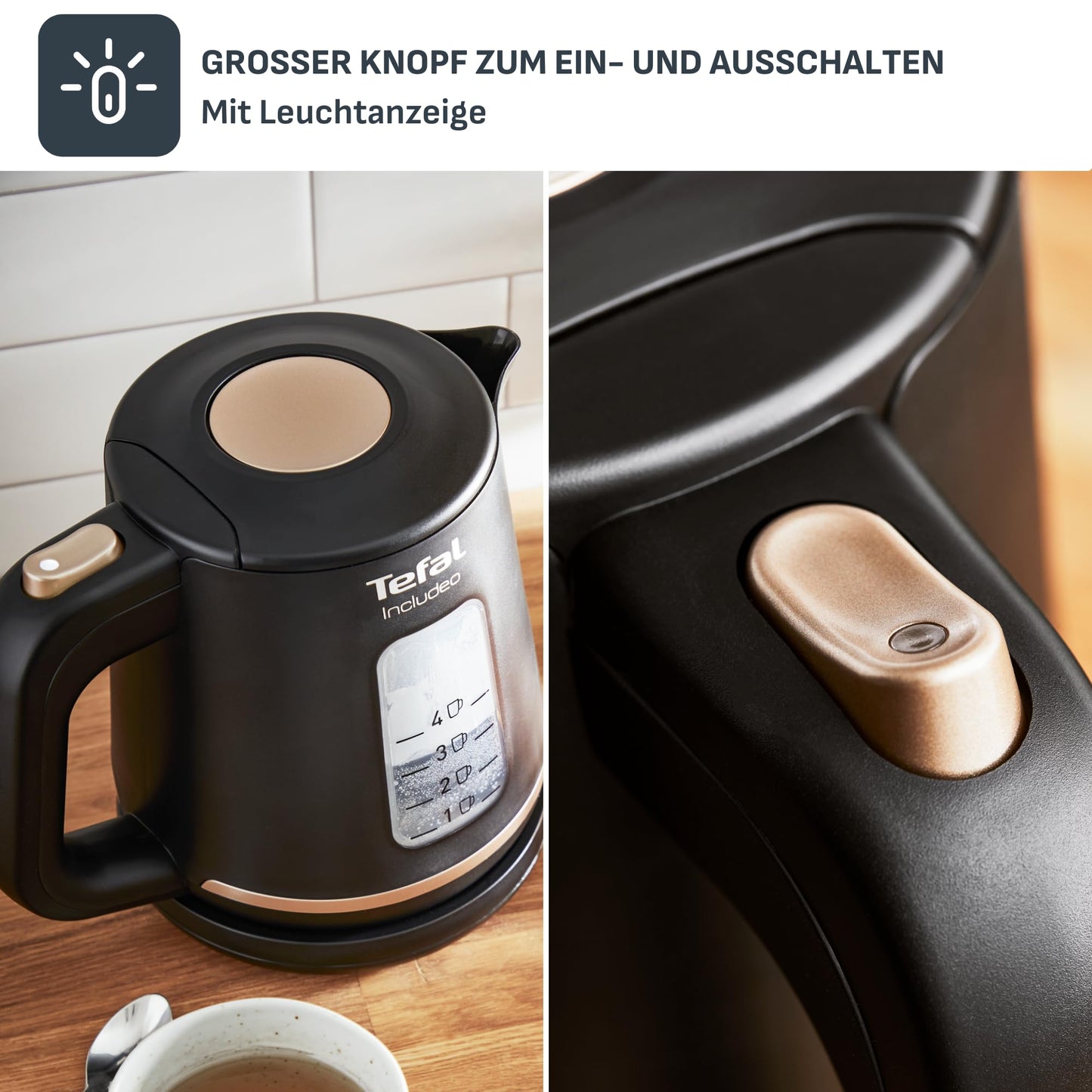 Tefal KI5338 Includeo kettle, capacity 1 L, anti-slip handle, easy-to-read water level indicator, 360° rotating base, removable filter, 2400 W, 23.3 x 16.6 x 20 cm