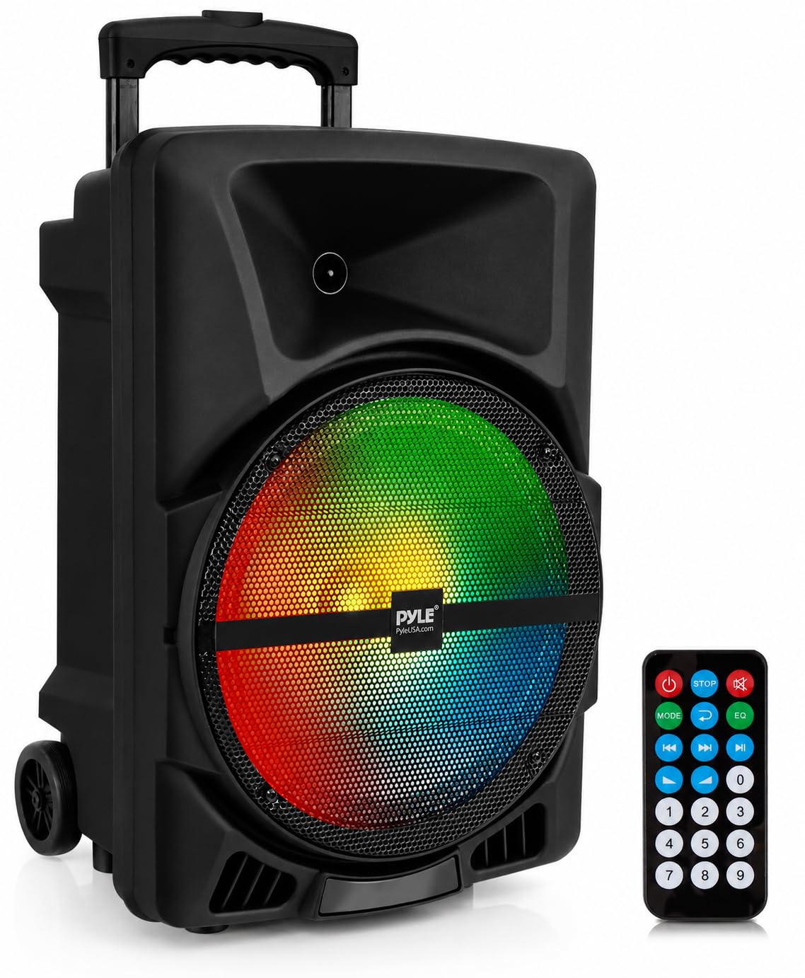 Pyle Music Box Bluetooth Large, 800W Party Speaker with DJ Lights, Telescopic Handle & Wheels, FM, USB, SD, AUX, EQ, Deep Bass, Boombox Sound, for Party, Outdoor, DJ, Wedding - PPHP1244B