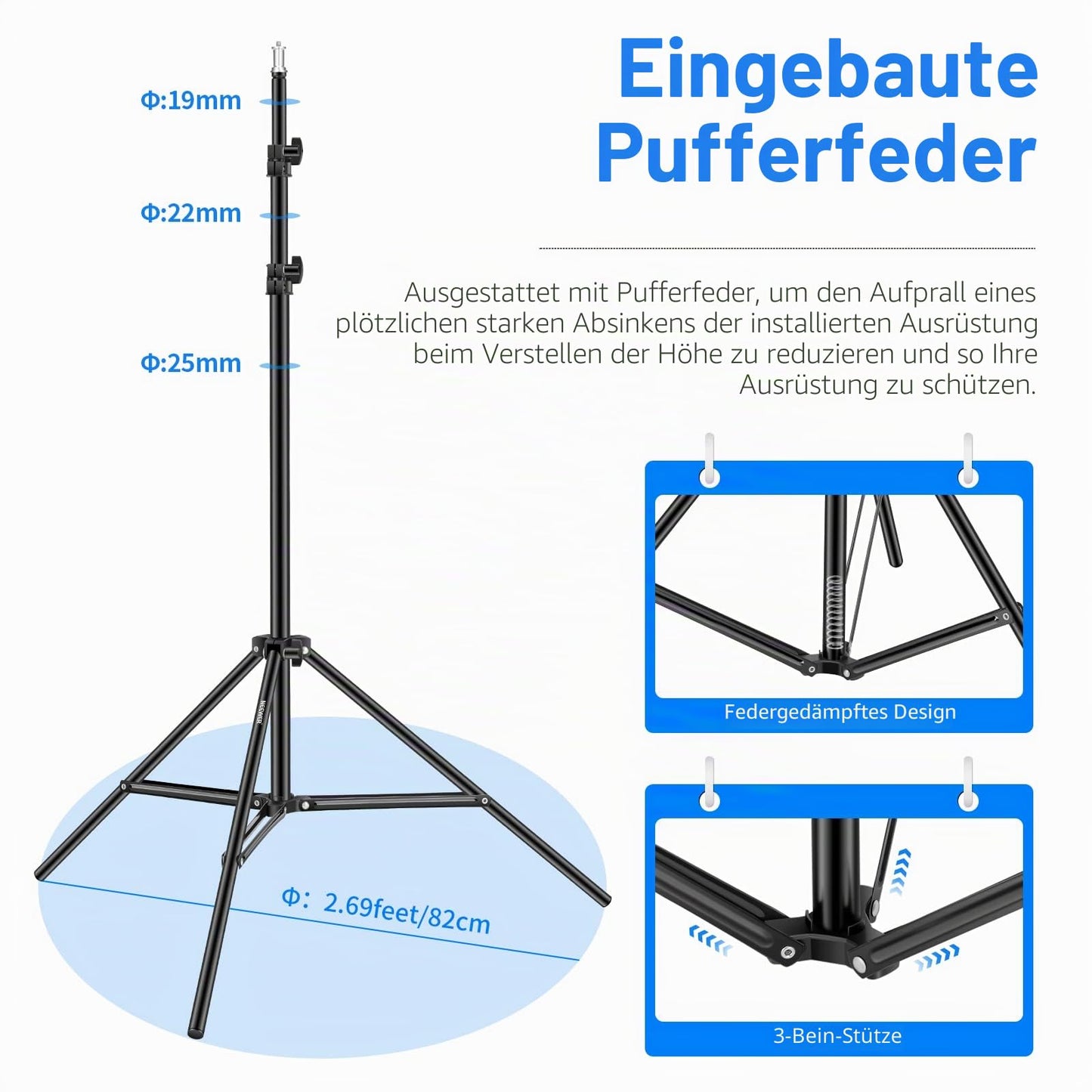 Neewer Photography Light Stand, 3-6.6ft/92-200cm Adjustable Stable Tripod Stand for Reflectors, Softboxes, Lights, Umbrellas, Load Capacity: 17.6lb/8kg - 200cm/1