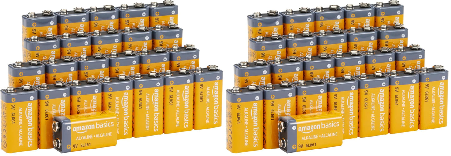 Amazon Basics 24 x 9V 9V/6LR61 5 Year Shelf Life Alkaline Batteries for Smoke/CO Alarms, Electronics and Audio (Pack of 2) - 9v-24