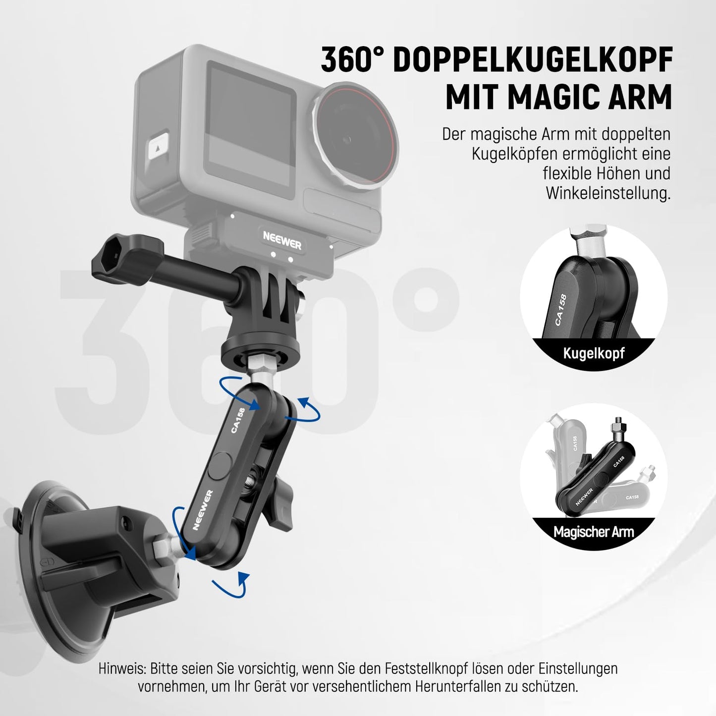 NEEWER suction cup mobile phone holder and camera mount compatible with GoPro DJI Insta360 iPhone, car smartphone mount with action cam adapter, 360° magic arm for POV windscreen vlogging CA158