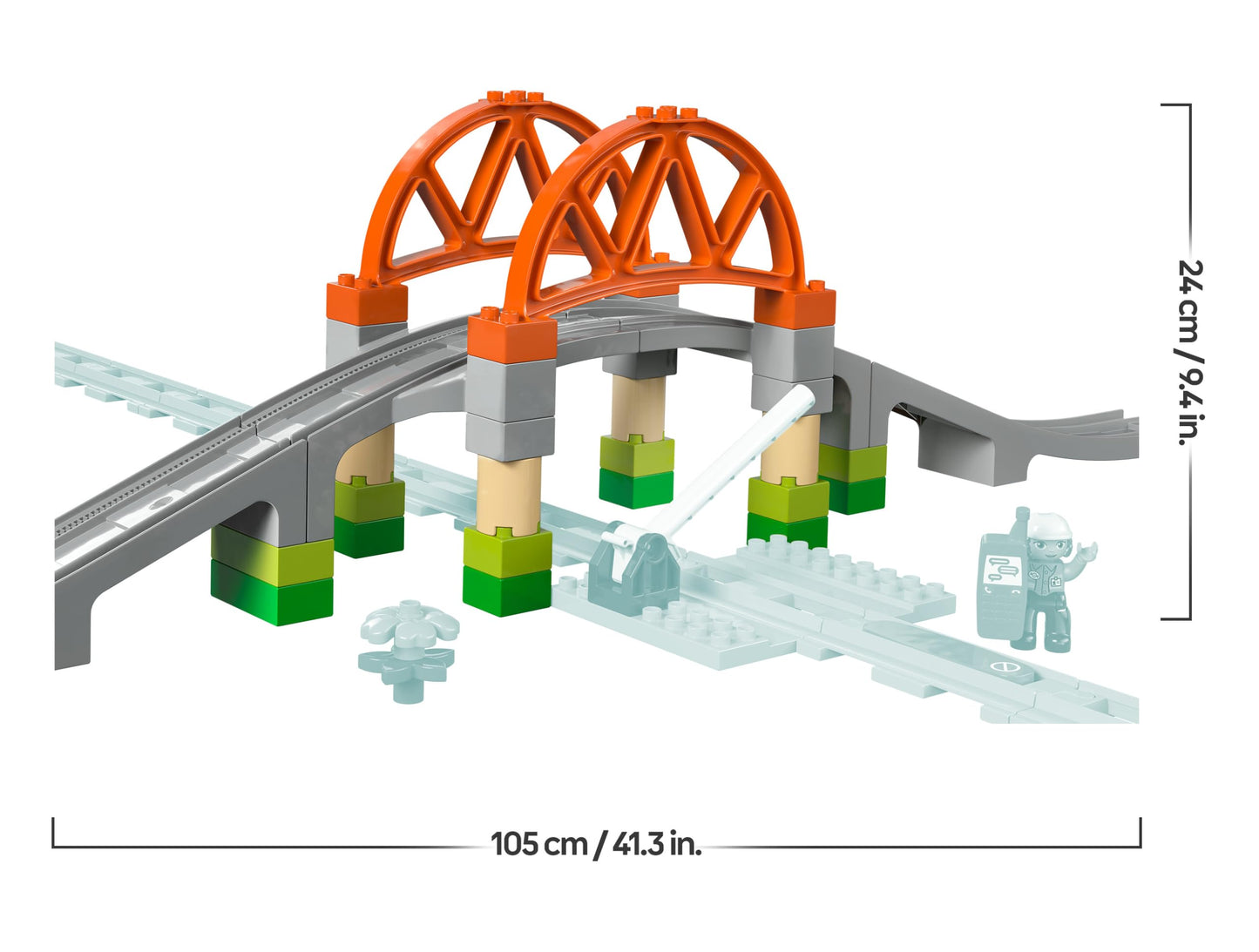 LEGO DUPLO railway bridge and rails - expansion set - educational toy for toddlers - including 8 track pieces, bridge, barrier & action stone - gift for boys and girls aged 2 and over - 10426