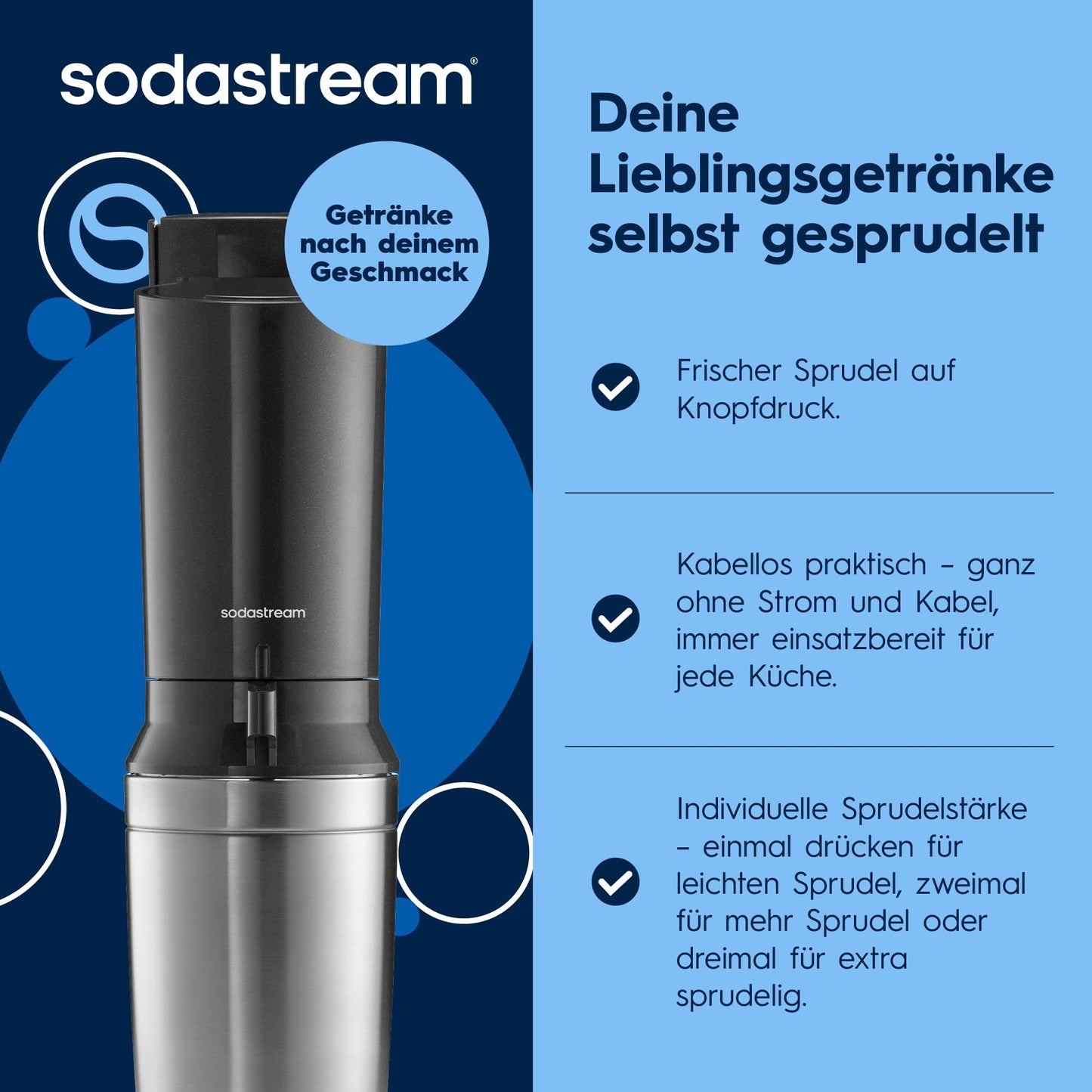 SodaStream Crystal 3.0 Wassersprudler mit Glaskaraffe, Sprudelwasser-Maschine mit Quick-Connect CO2-Zylinder, inkl. 2 spülmaschinenfesten Glaskaraffen je 0,7 L, Grau - 1100462490