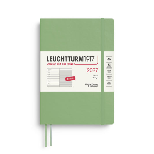 LEUCHTTURM1917 weekly calendar 2027 medium (A5) with notebook, lined - appointment planner English, sage, soft cover, 145 x 210 mm, January-December 2027, weekly overview on the left + note page on the right - 400238